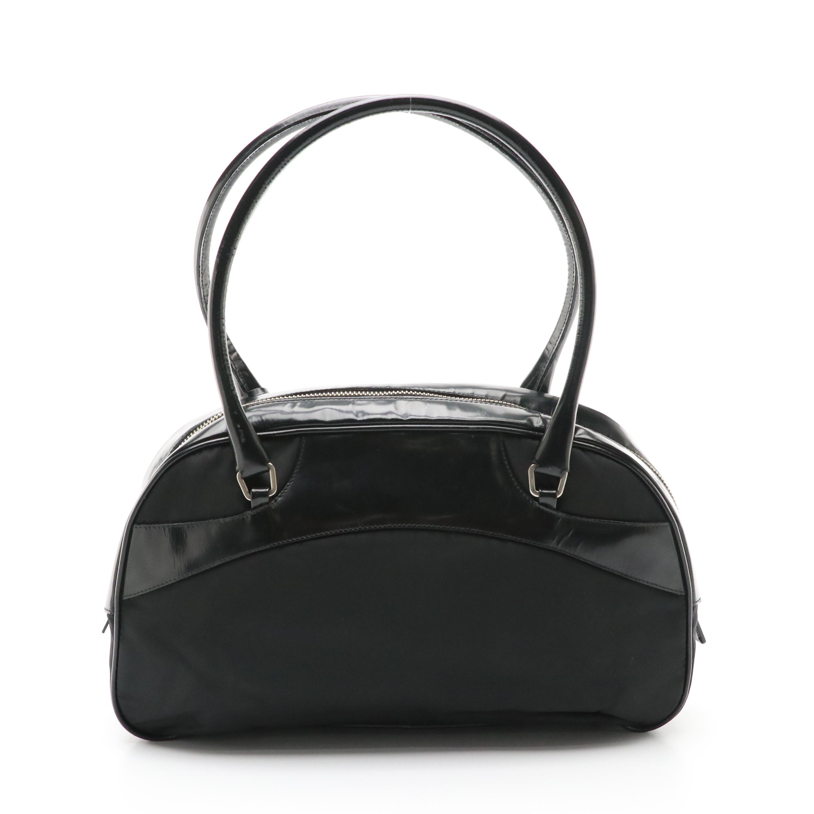 Prada Zippered Bowling Bag in Black Tessuto Nylon and Patent Leather