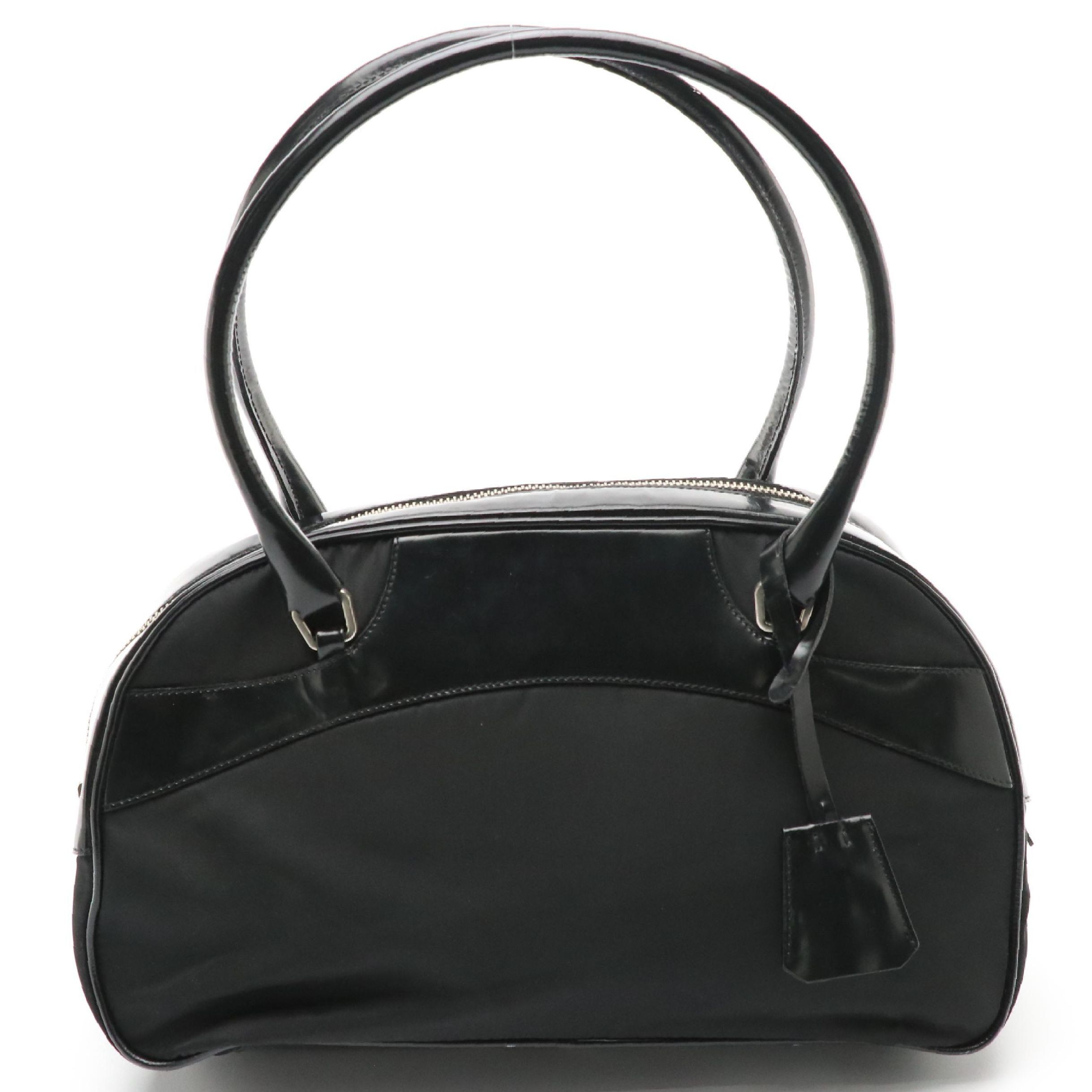 Prada Zippered Bowling Bag in Black Tessuto Nylon and Patent Leather