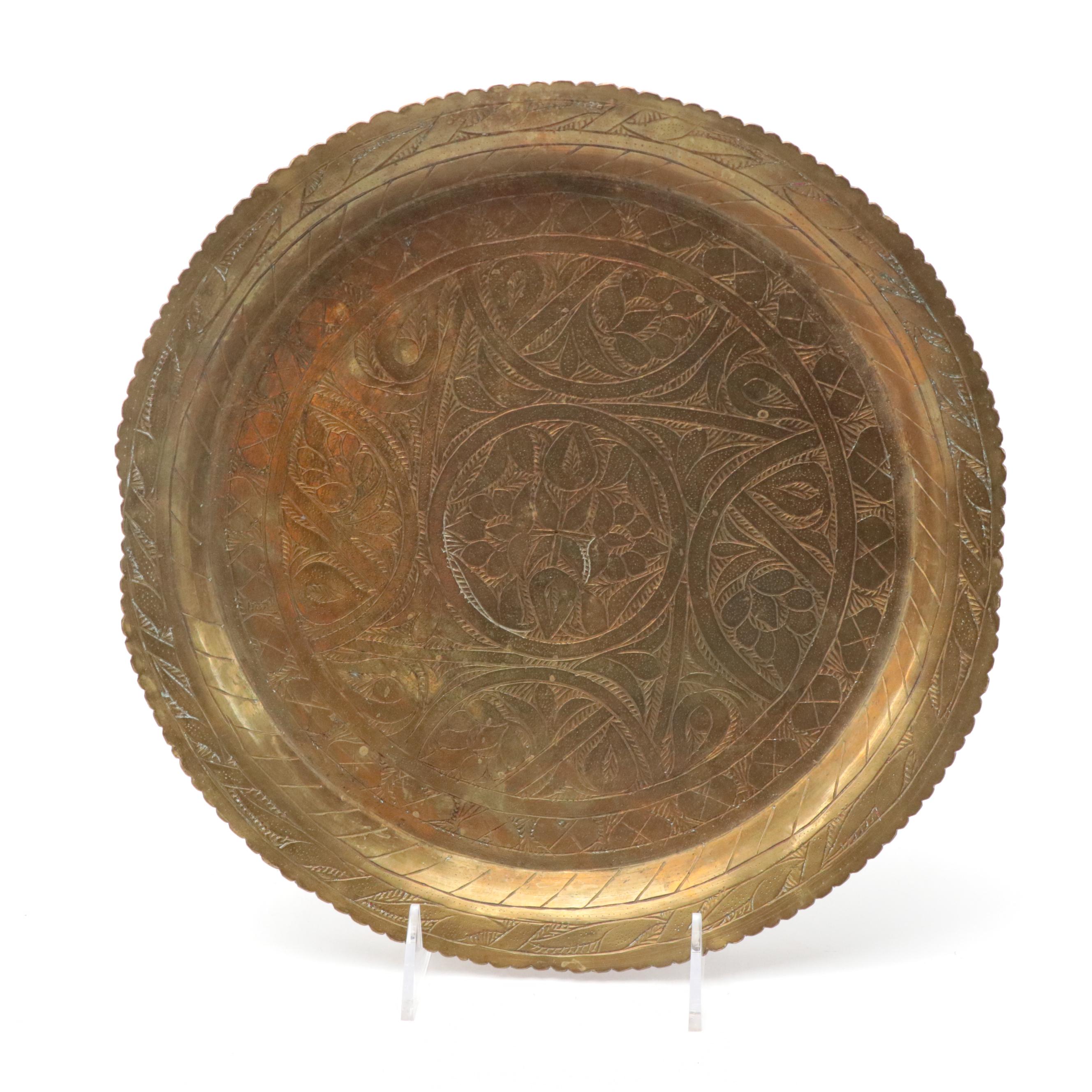 Indian Etched Brass Tray with Metal Vessel and Jewelry