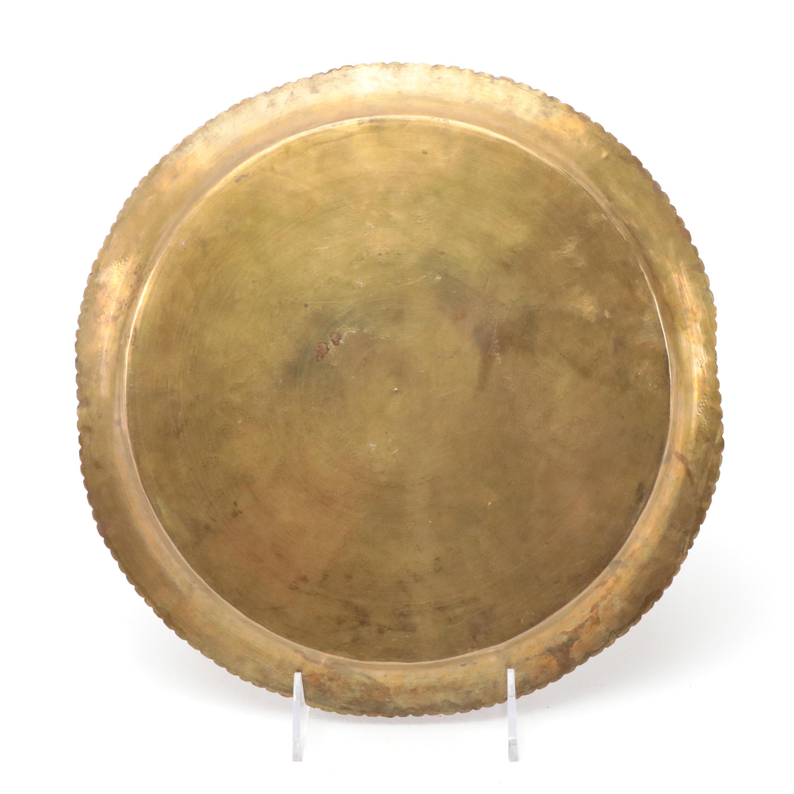 Indian Etched Brass Tray with Metal Vessel and Jewelry
