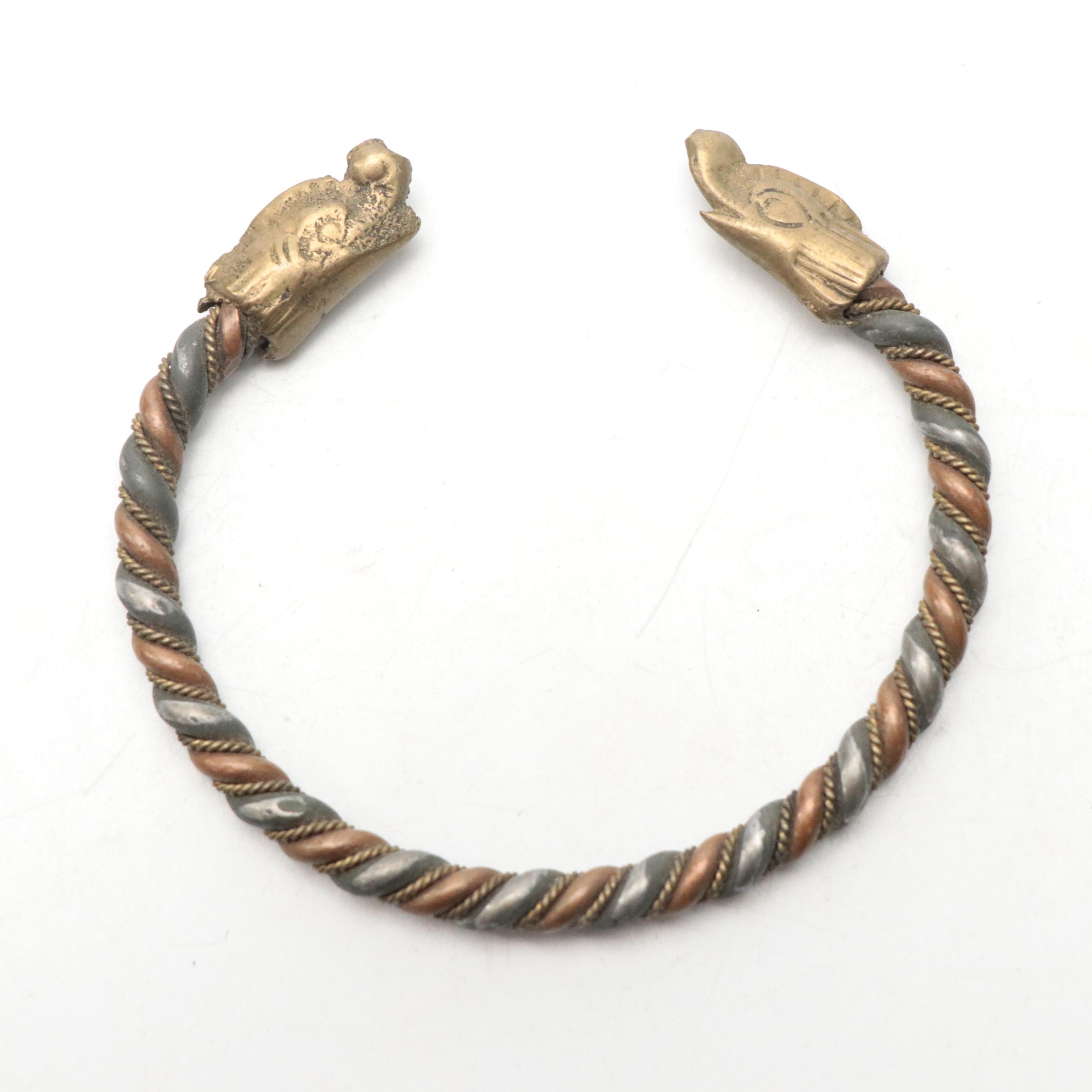 Indian Etched Brass Tray with Metal Vessel and Jewelry