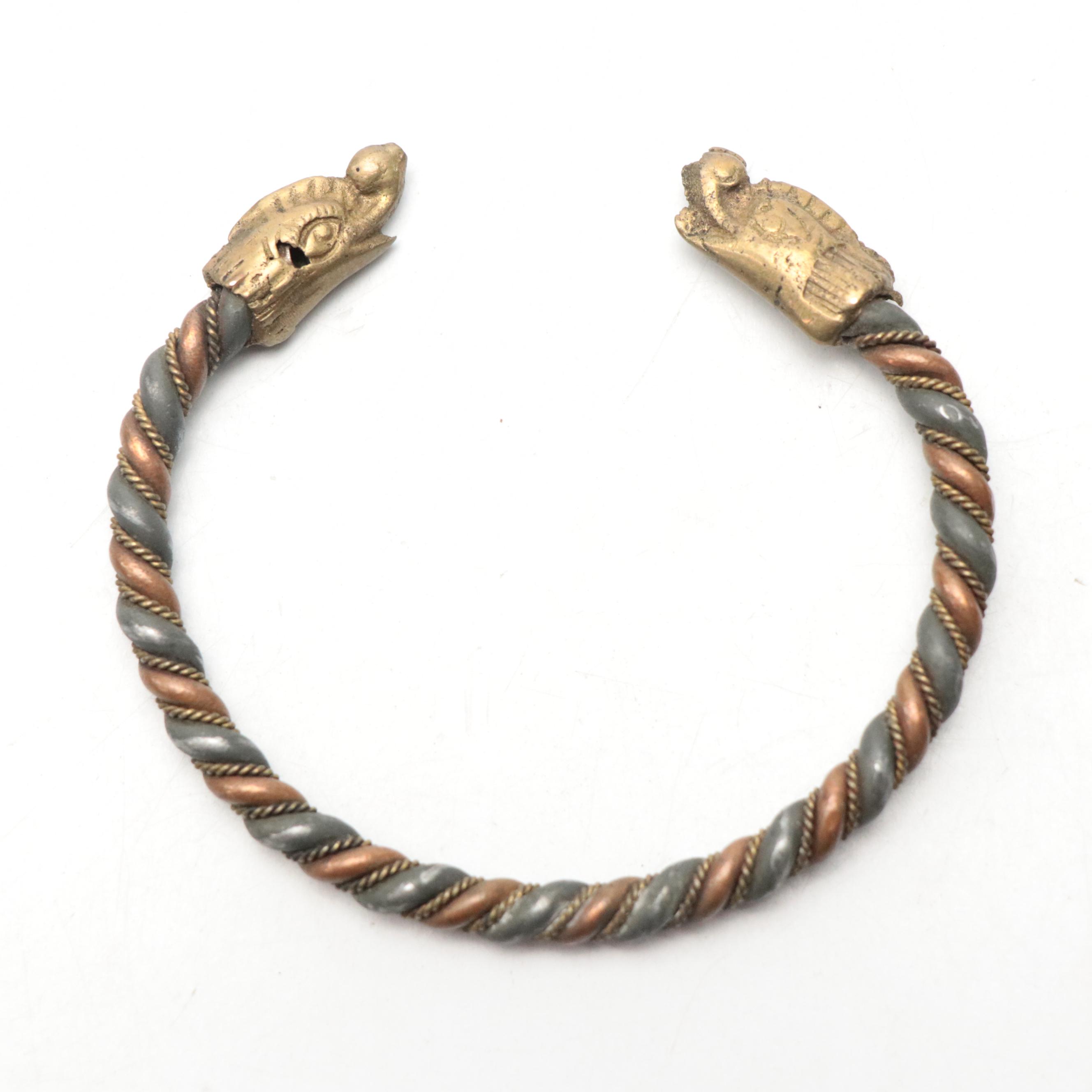 Indian Etched Brass Tray with Metal Vessel and Jewelry