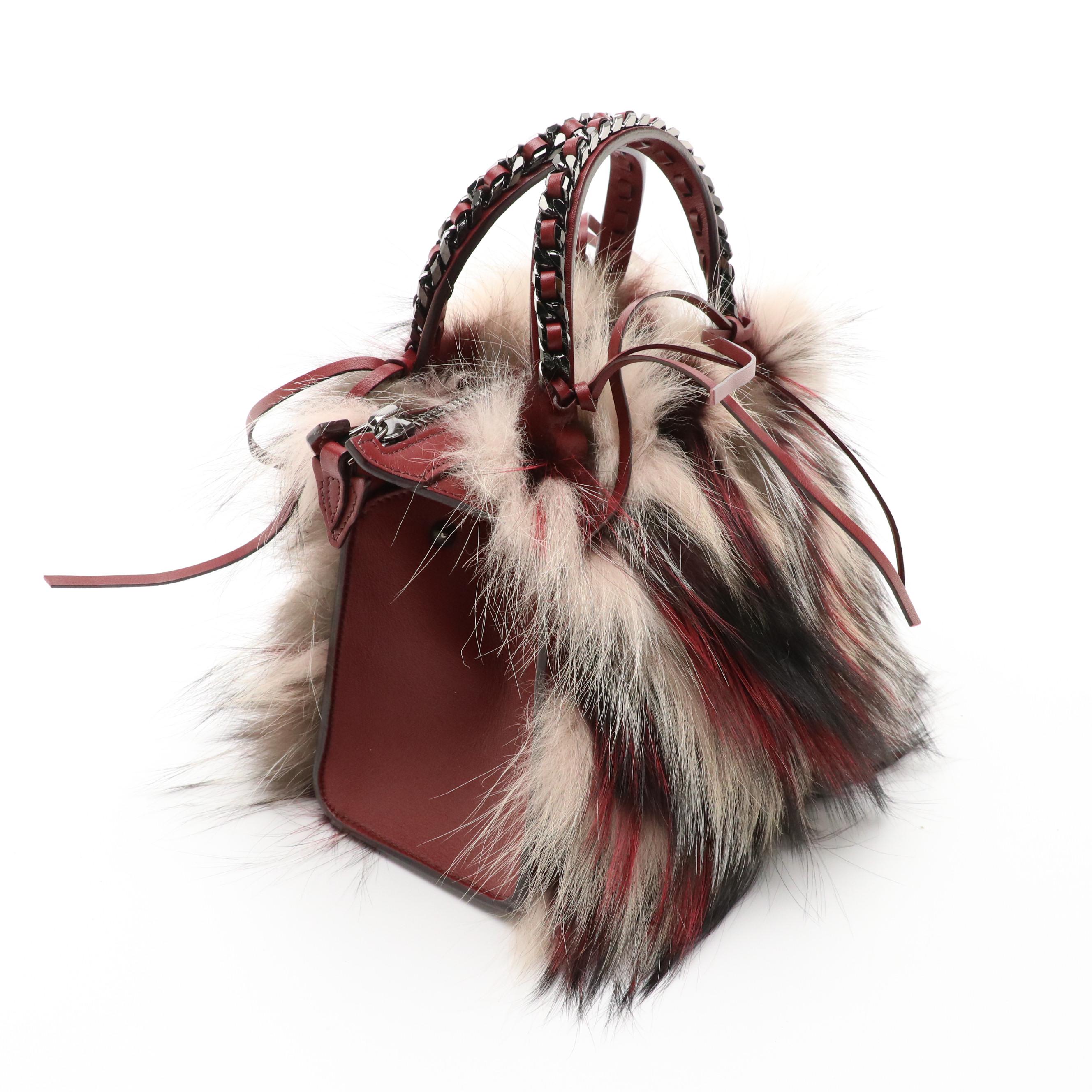 Elena Ghisellini Dyed Fox Fur and Burgundy Leather Two-Way Bag