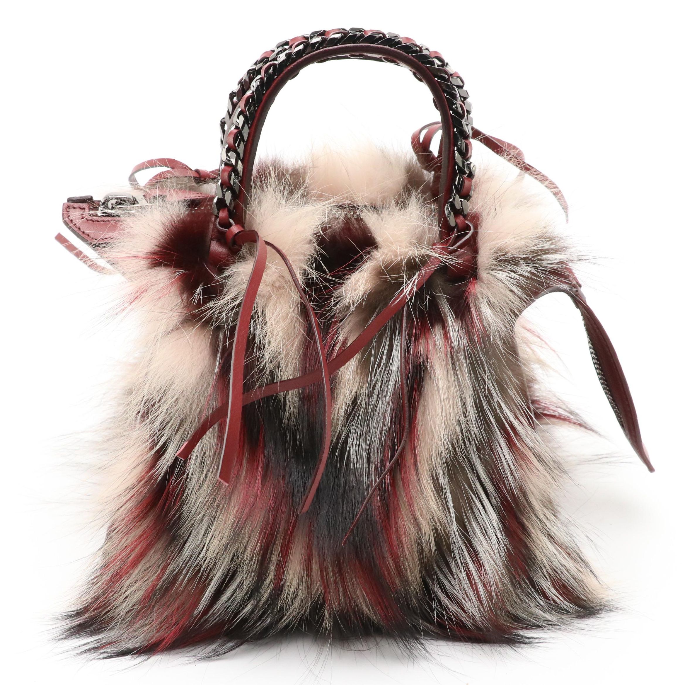Elena Ghisellini Dyed Fox Fur and Burgundy Leather Two-Way Bag