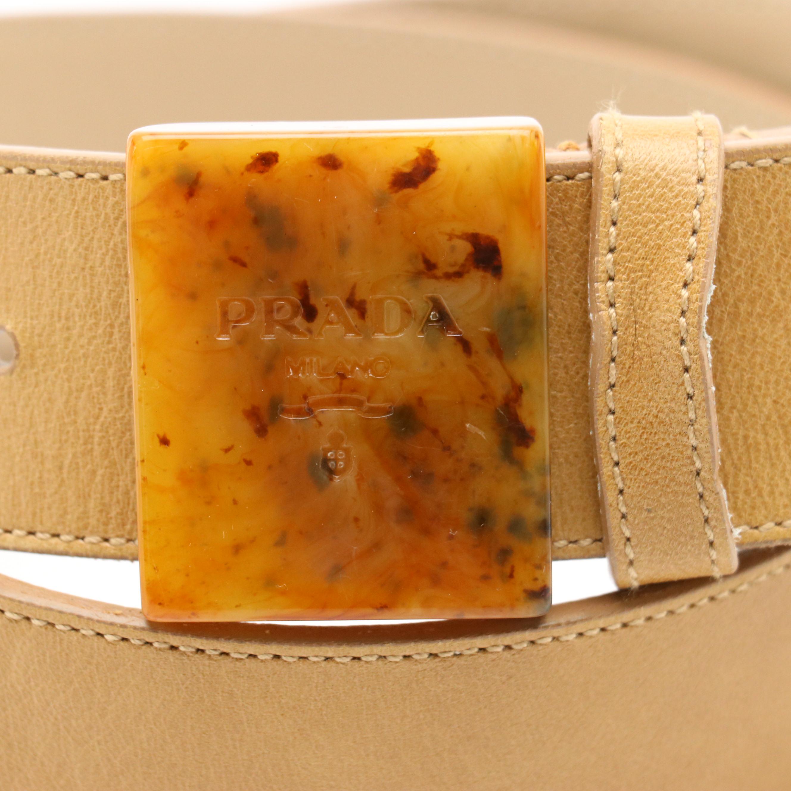 Prada Beige Leather Belt with Speckled Resin Buckle