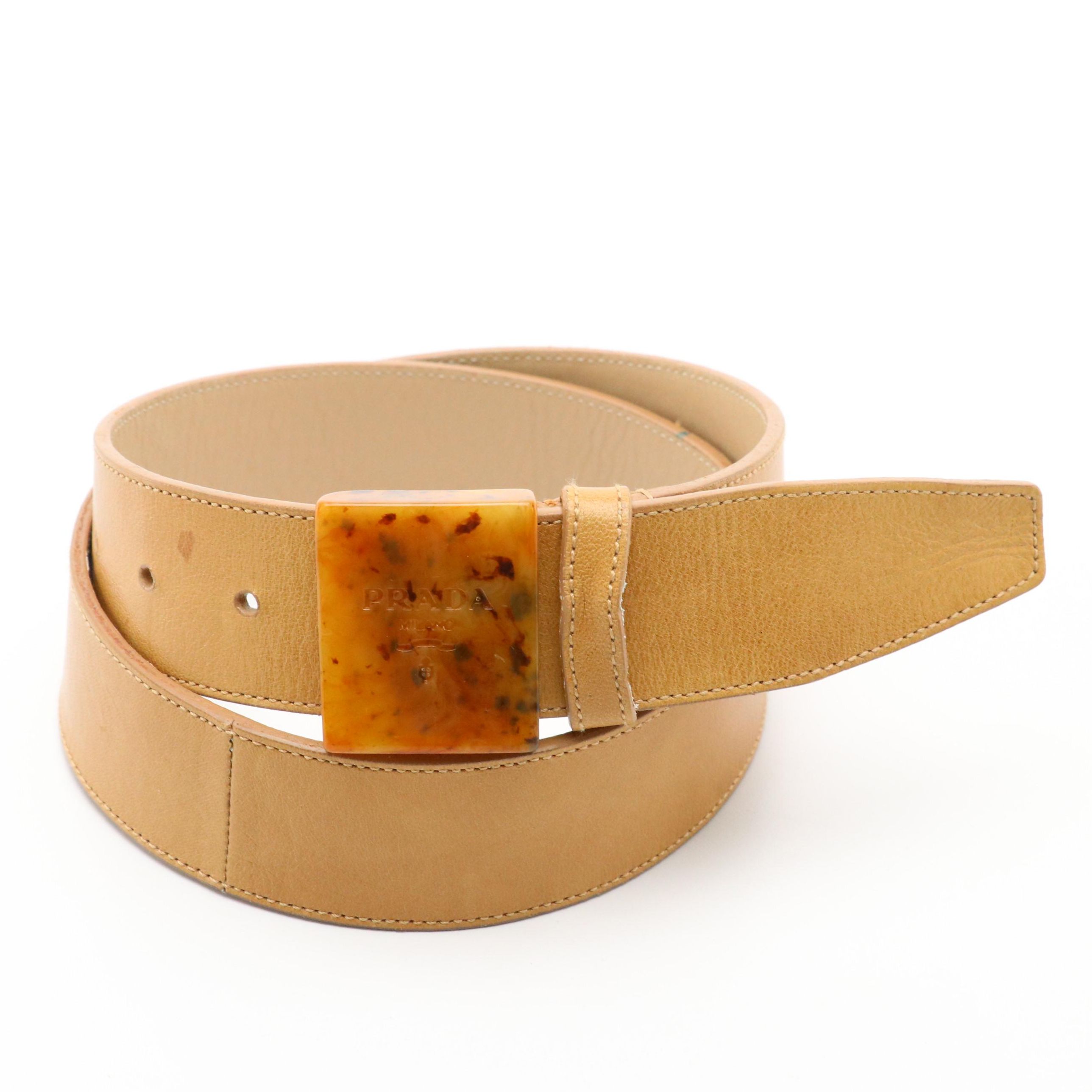 Prada Beige Leather Belt with Speckled Resin Buckle