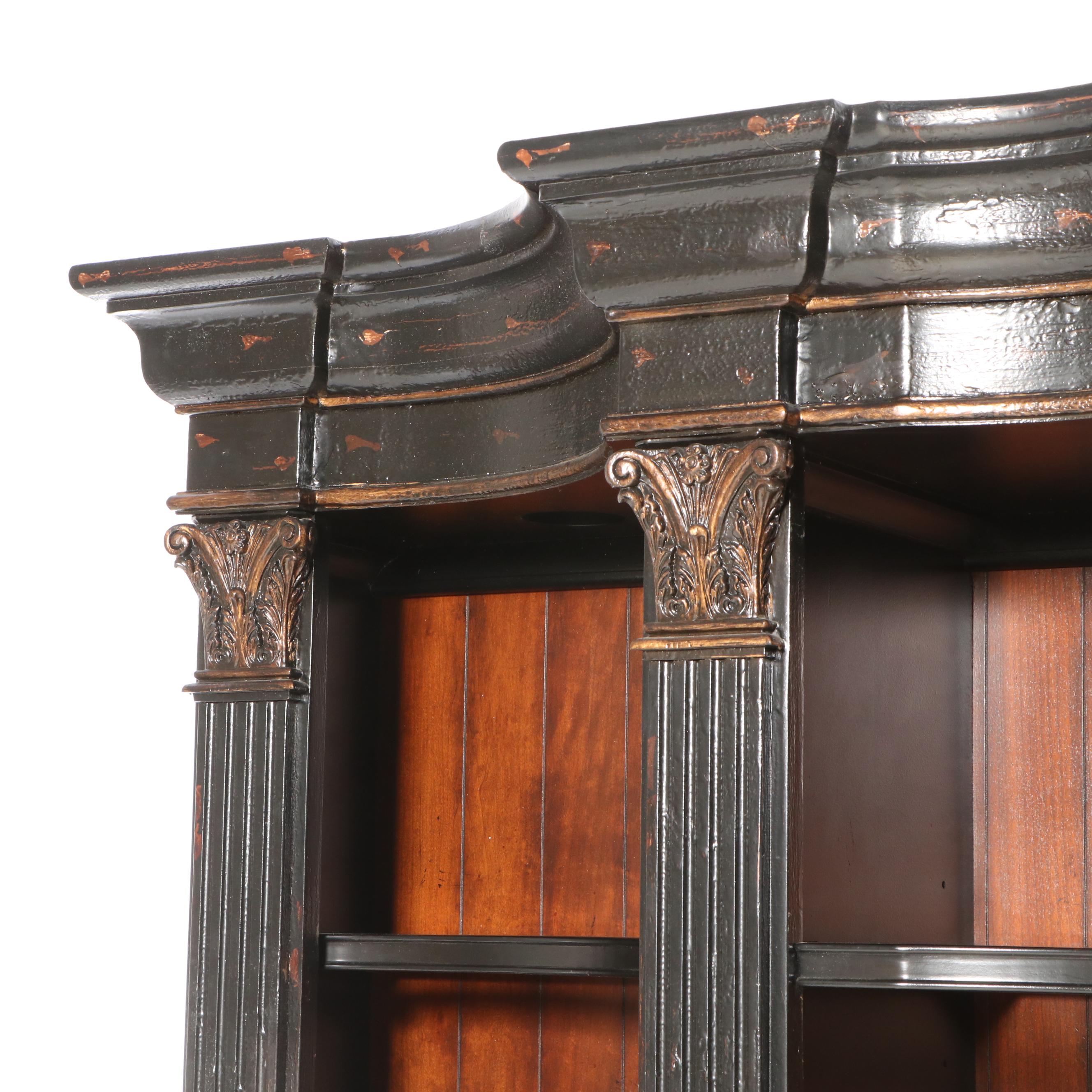 Hooker Seven Seas Collection Ebonized and Parcel Gilt Serpentine-Front Bookcase