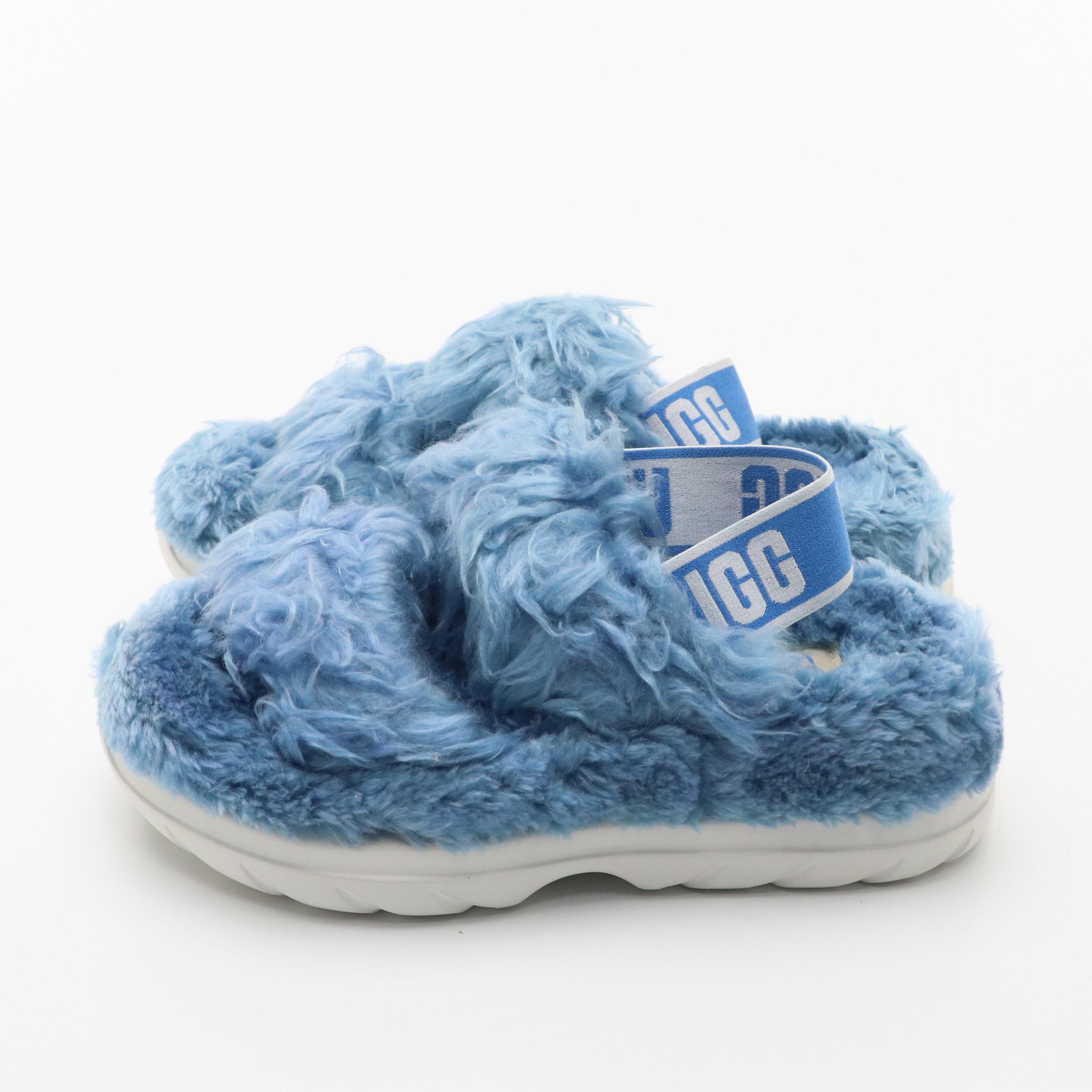 UGG Fluff Sugar Sandal in Blue Faux Fur