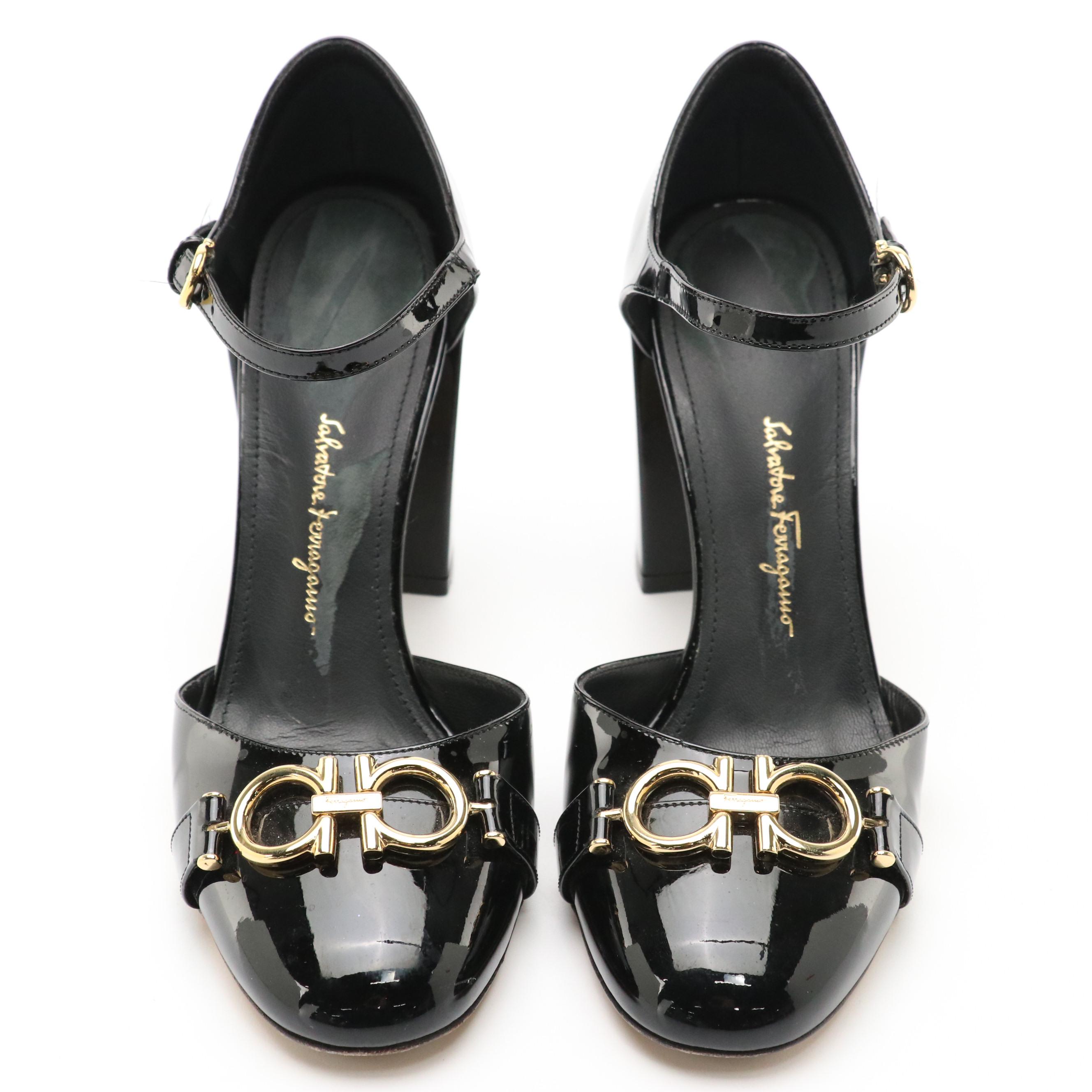 Salvatore Ferragamo Dahlia Gancini Ankle Step Pumps in Black Patent Leather
