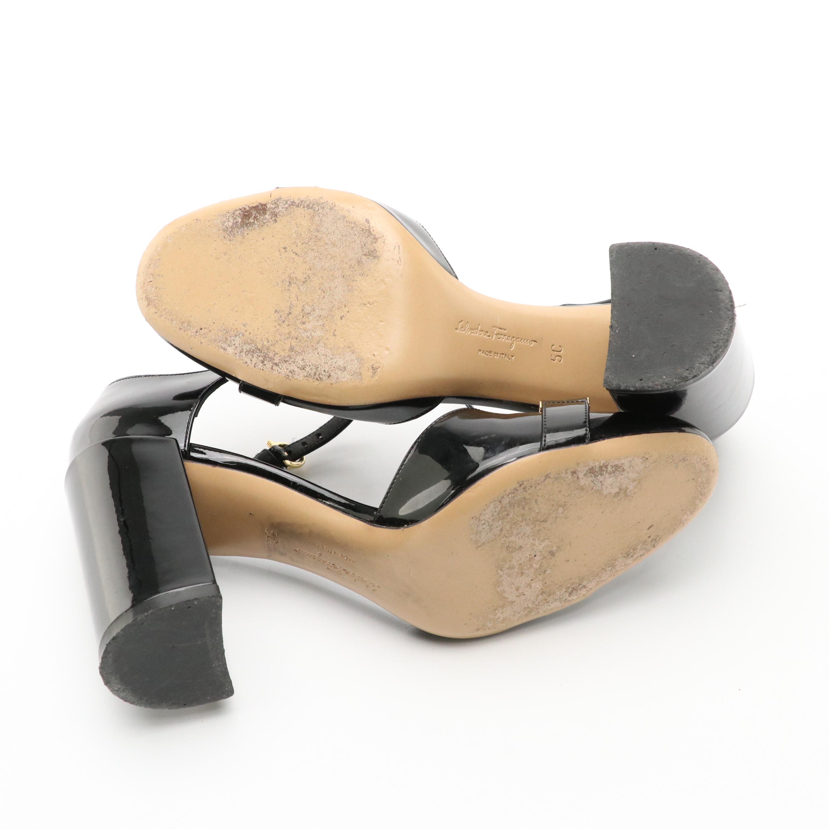 Salvatore Ferragamo Dahlia Gancini Ankle Step Pumps in Black Patent Leather