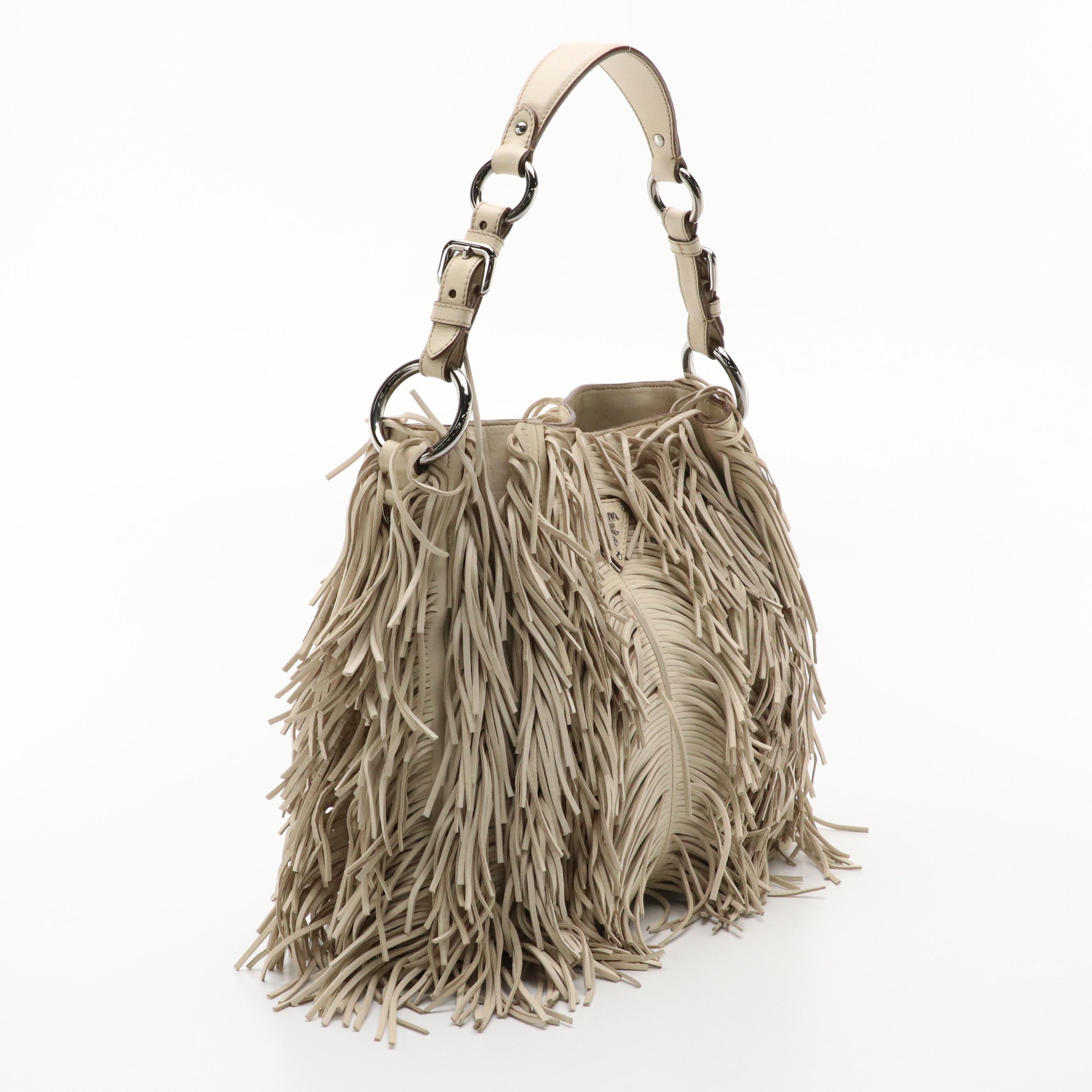 Prada Beige Leather Fringe Hobo Bag