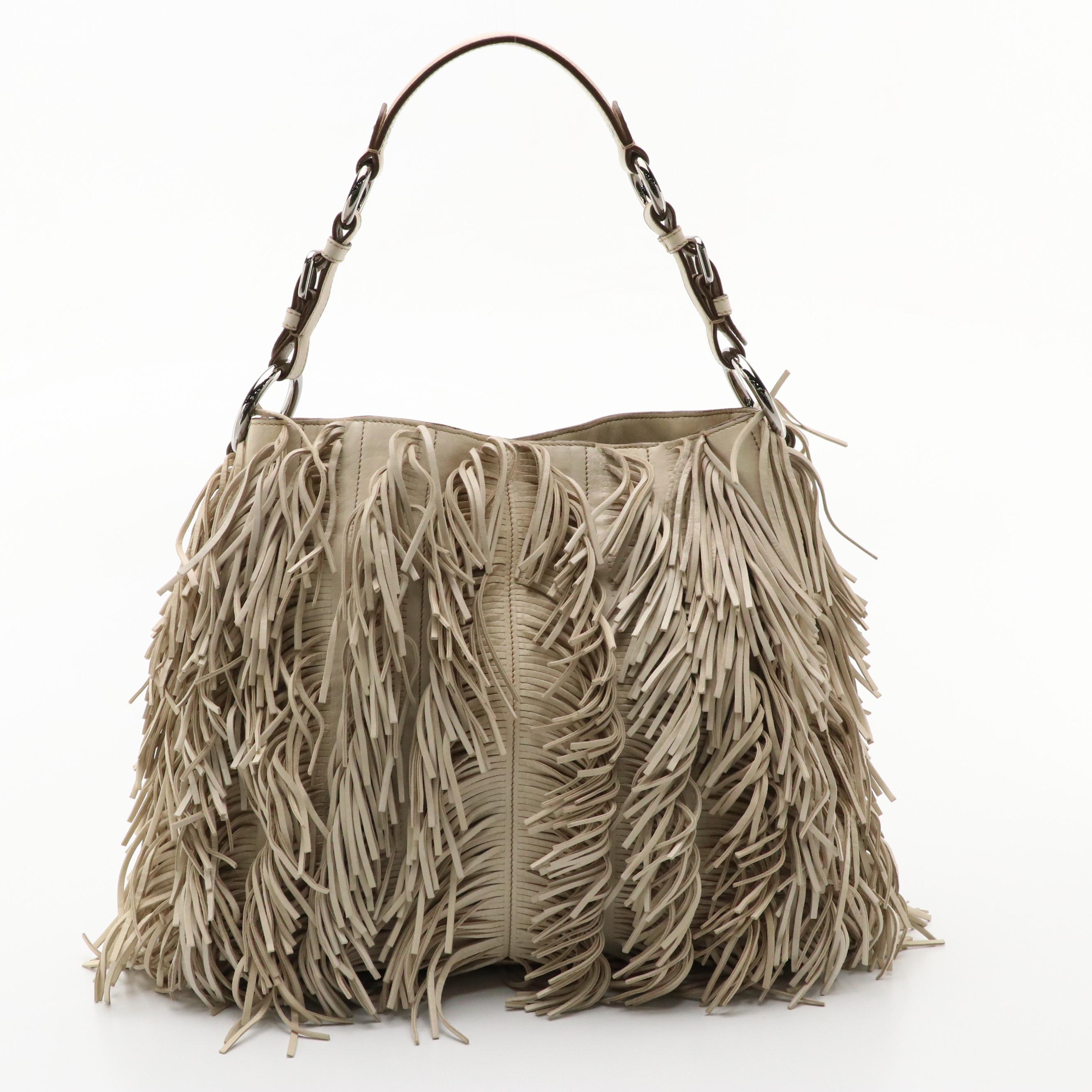 Prada Beige Leather Fringe Hobo Bag