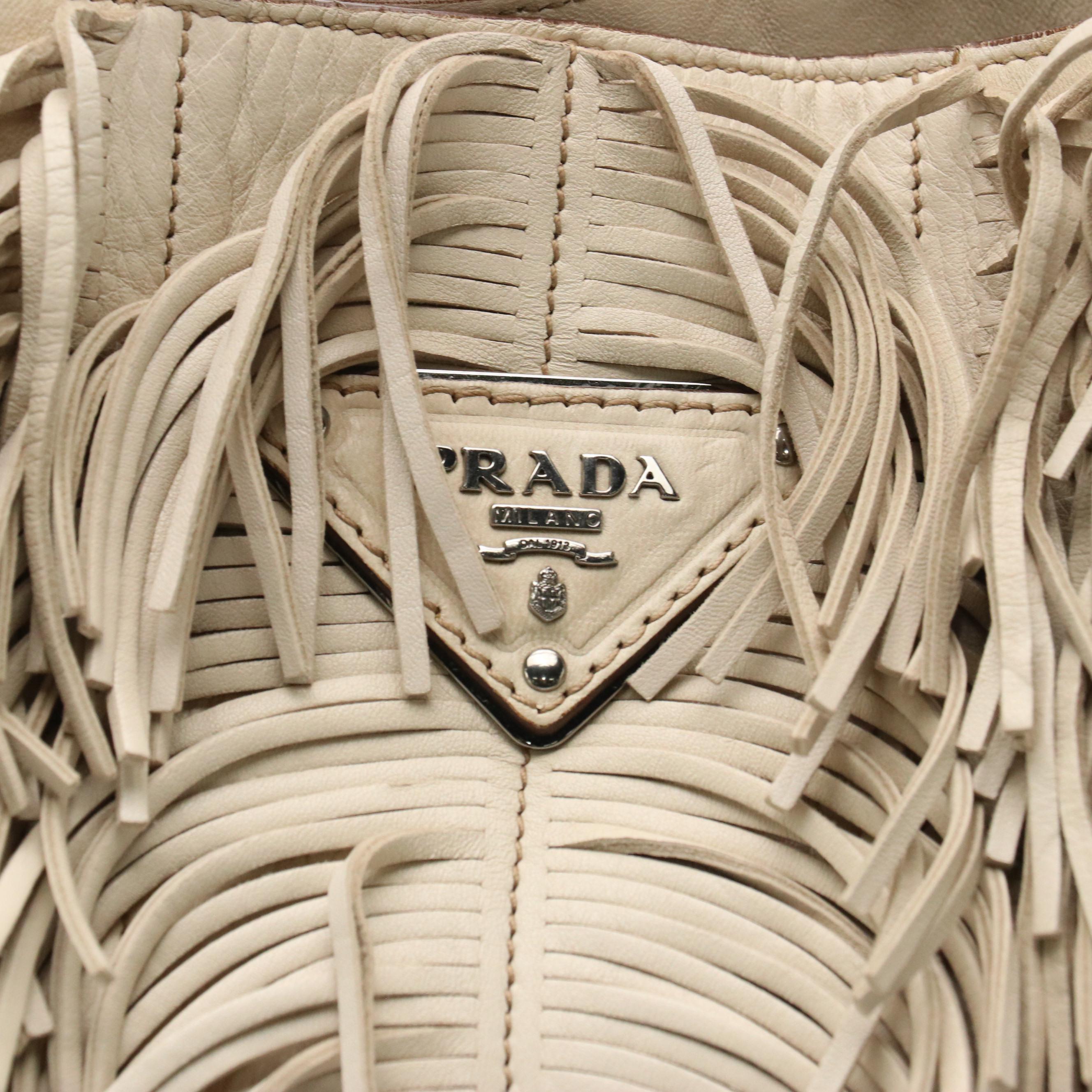 Prada Beige Leather Fringe Hobo Bag