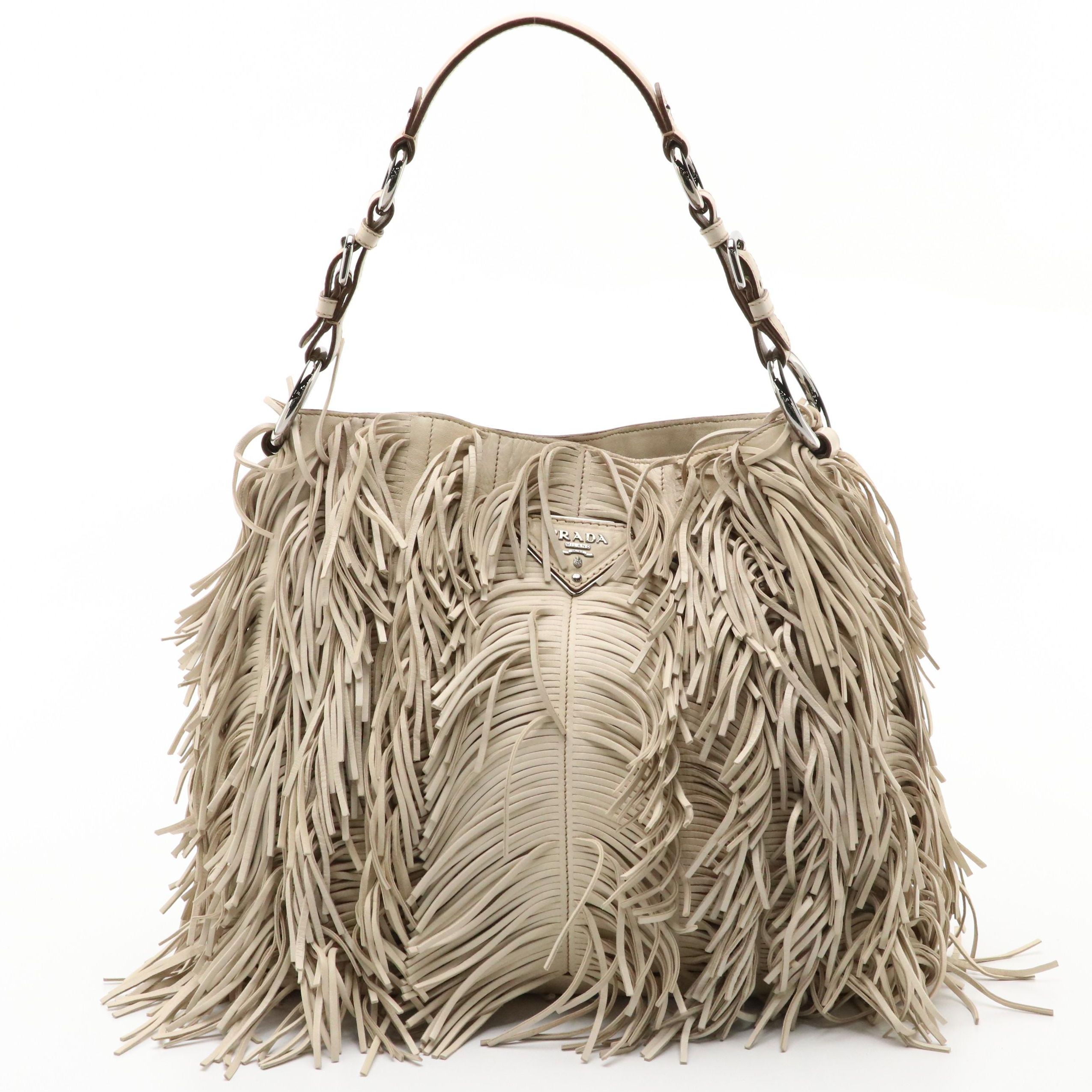 Prada Beige Leather Fringe Hobo Bag