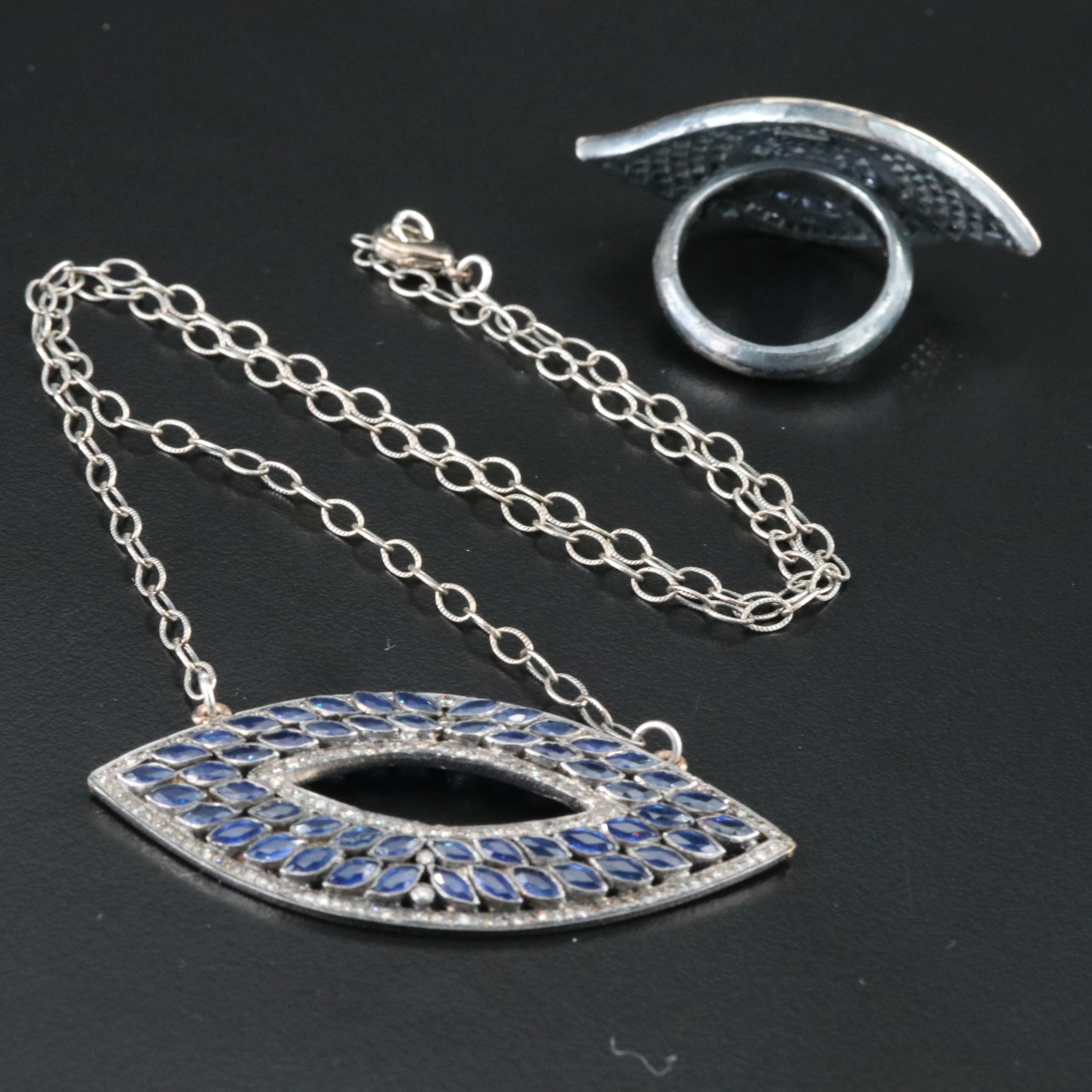 Jessica Kagan Cushman Sterling Gemstone Evil Eye Ring and Necklace