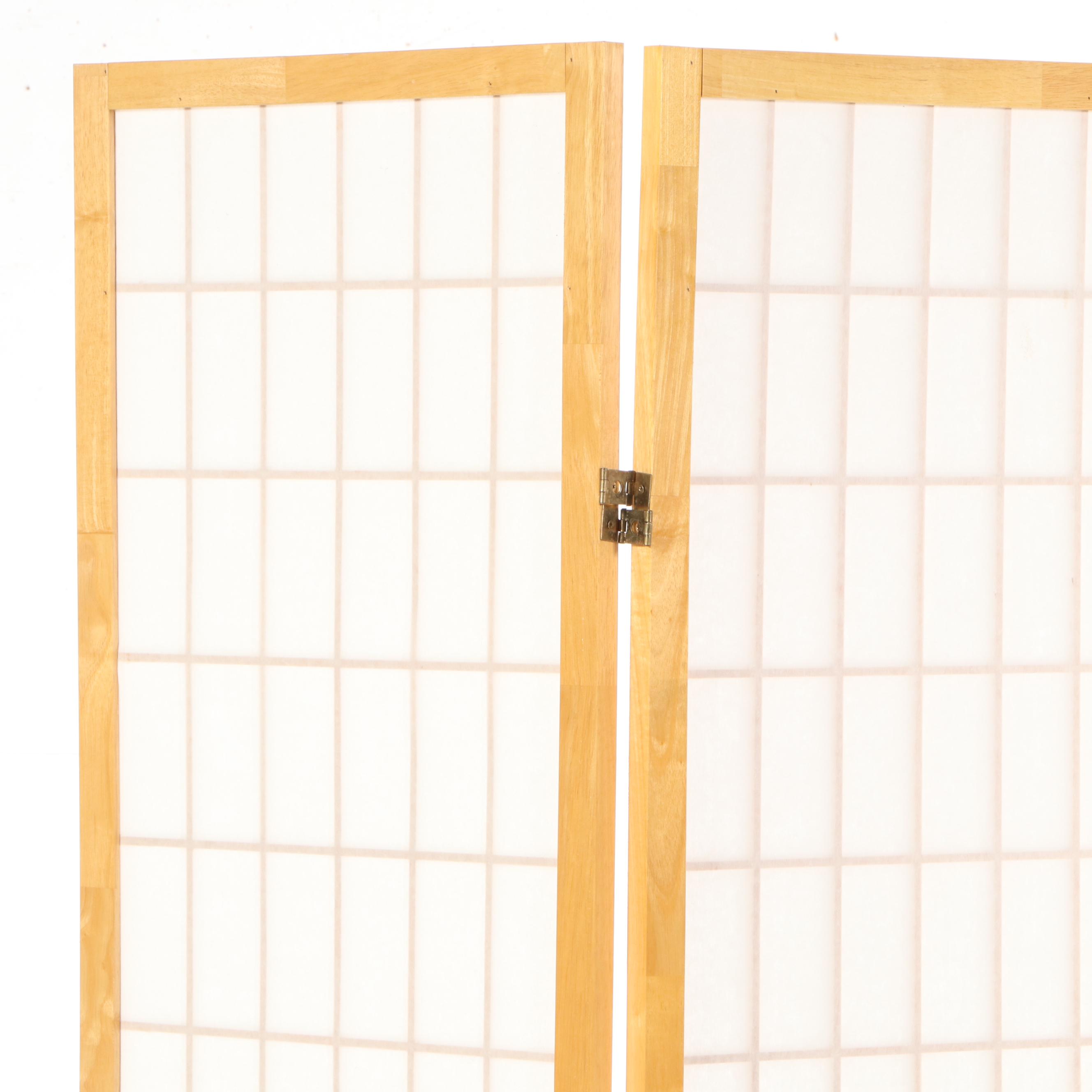 Japanese Style Hardwood and Fabric-Lined Three-Panel "Shoji" Screen