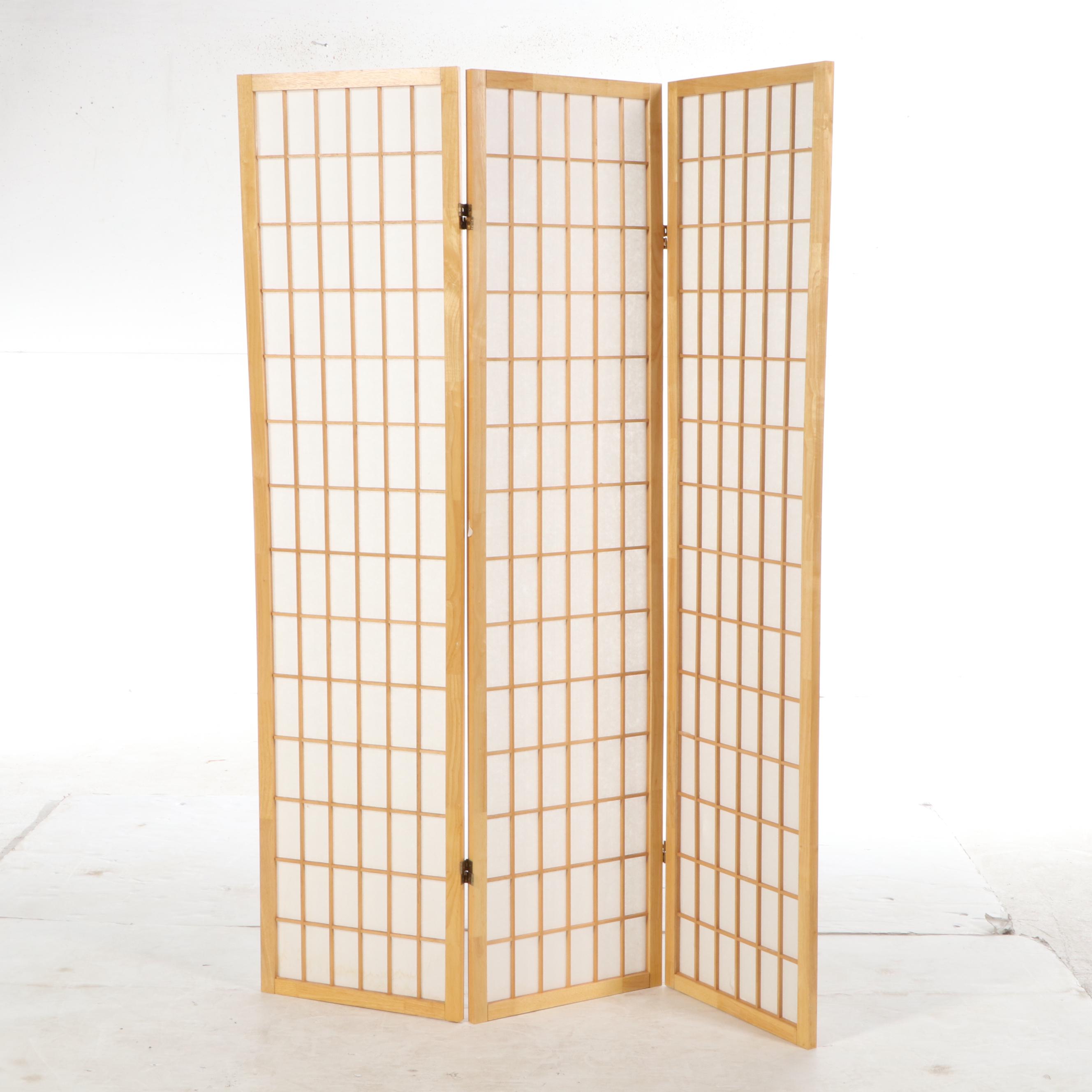 Japanese Style Hardwood and Fabric-Lined Three-Panel "Shoji" Screen