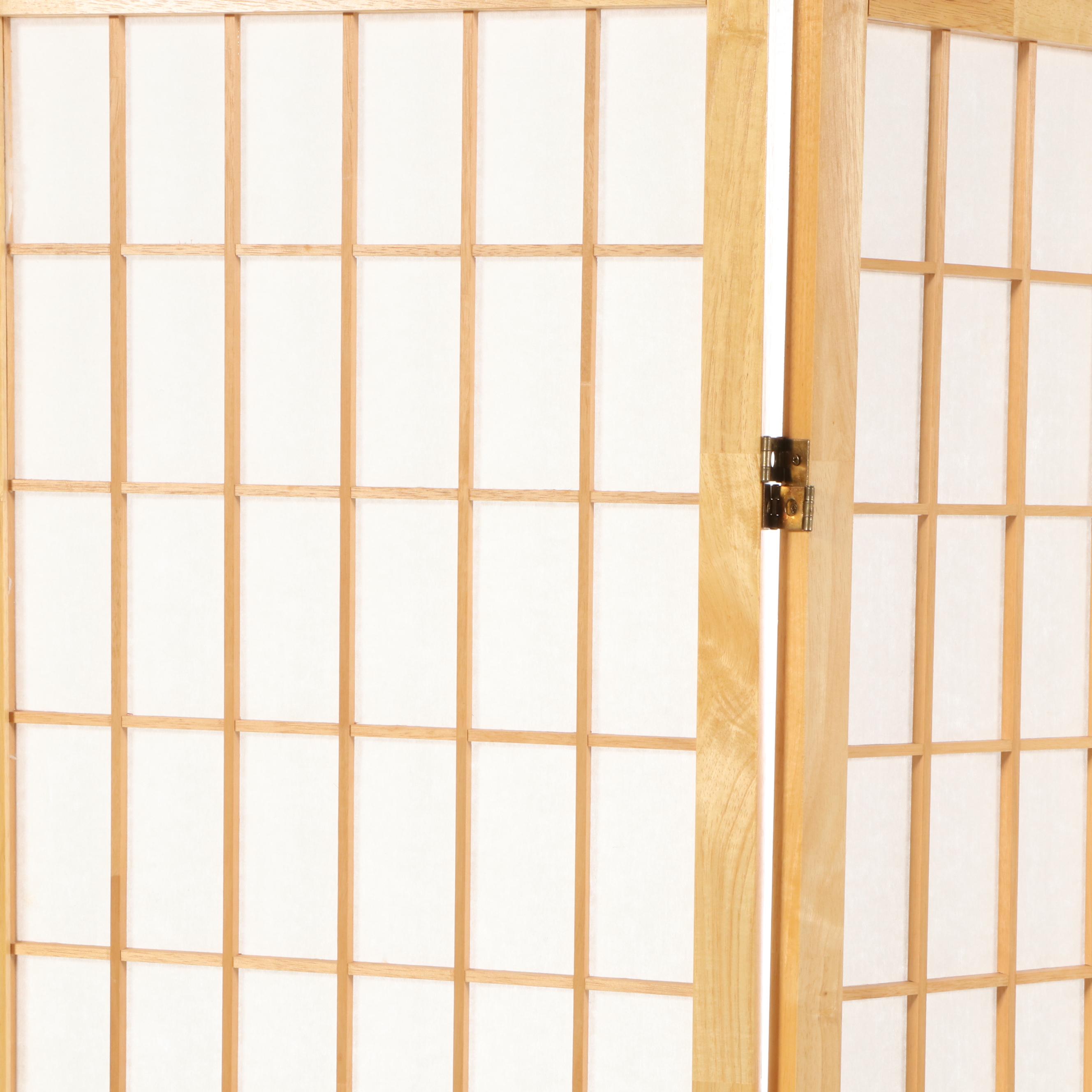 Japanese Style Hardwood and Fabric-Lined Three-Panel "Shoji" Screen