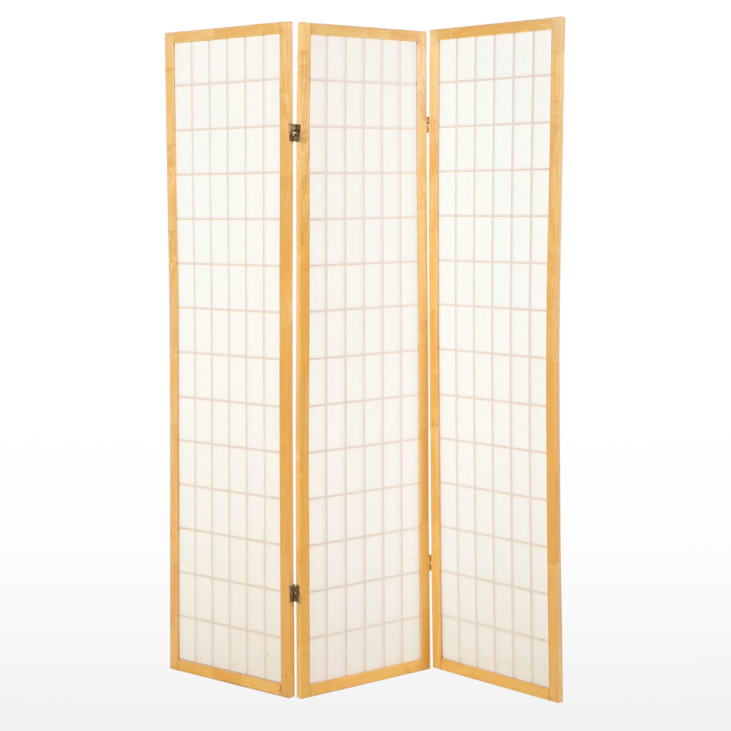 Japanese Style Hardwood and Fabric-Lined Three-Panel "Shoji" Screen