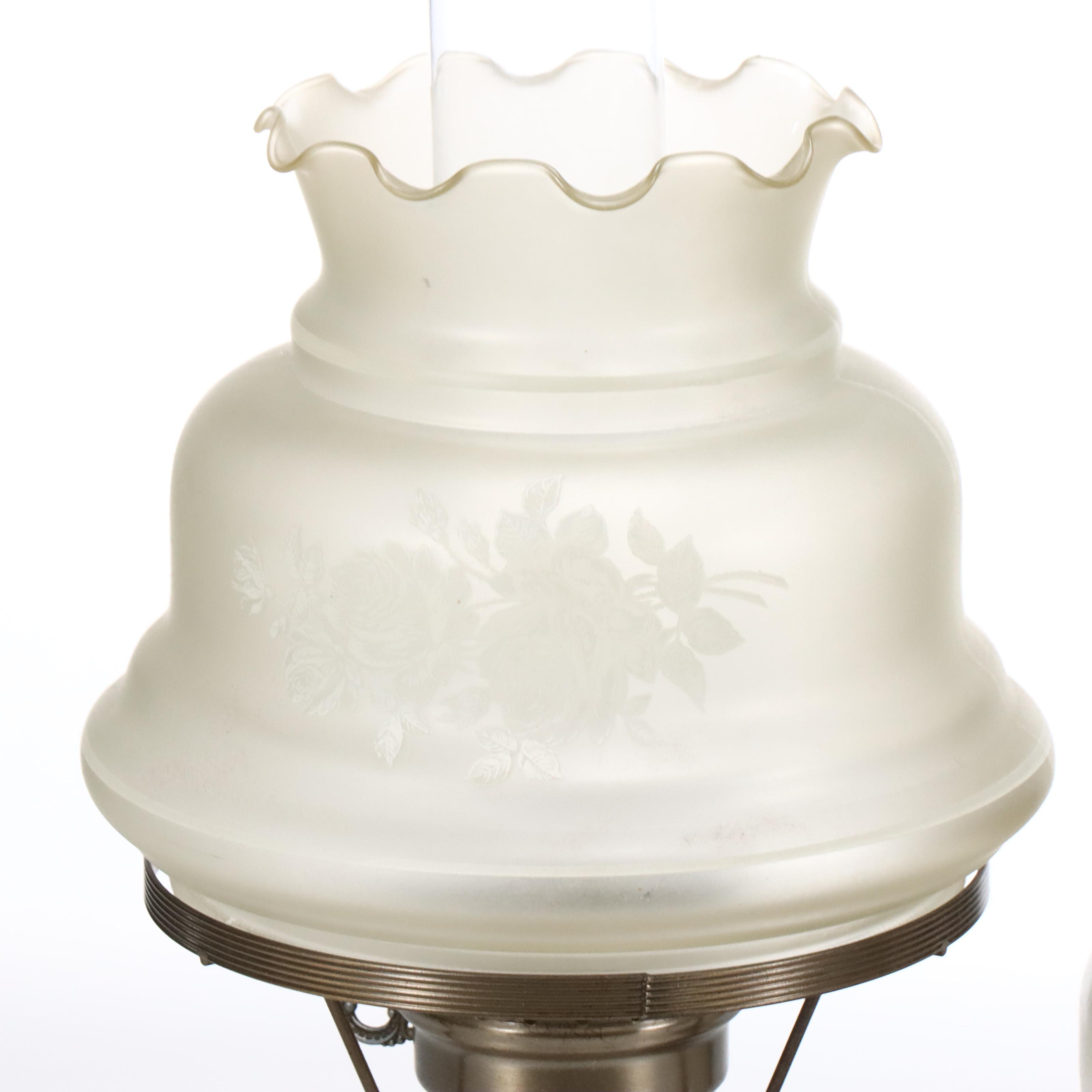 Satin Glass Parlor Lamp with Italian Amber Glass and Ceramic Oil Lamps