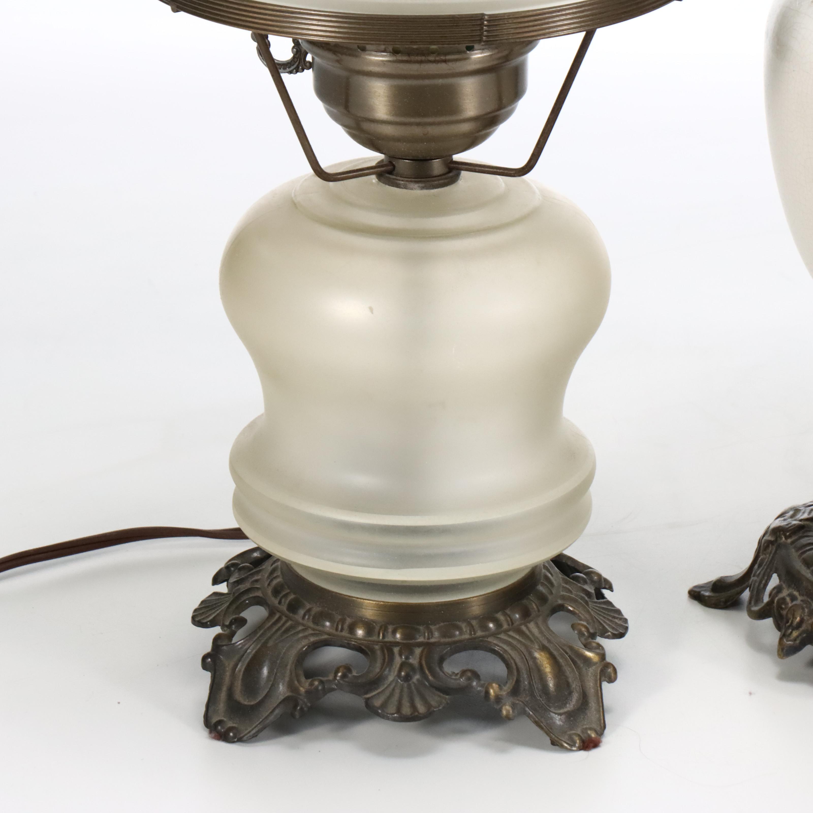 Satin Glass Parlor Lamp with Italian Amber Glass and Ceramic Oil Lamps