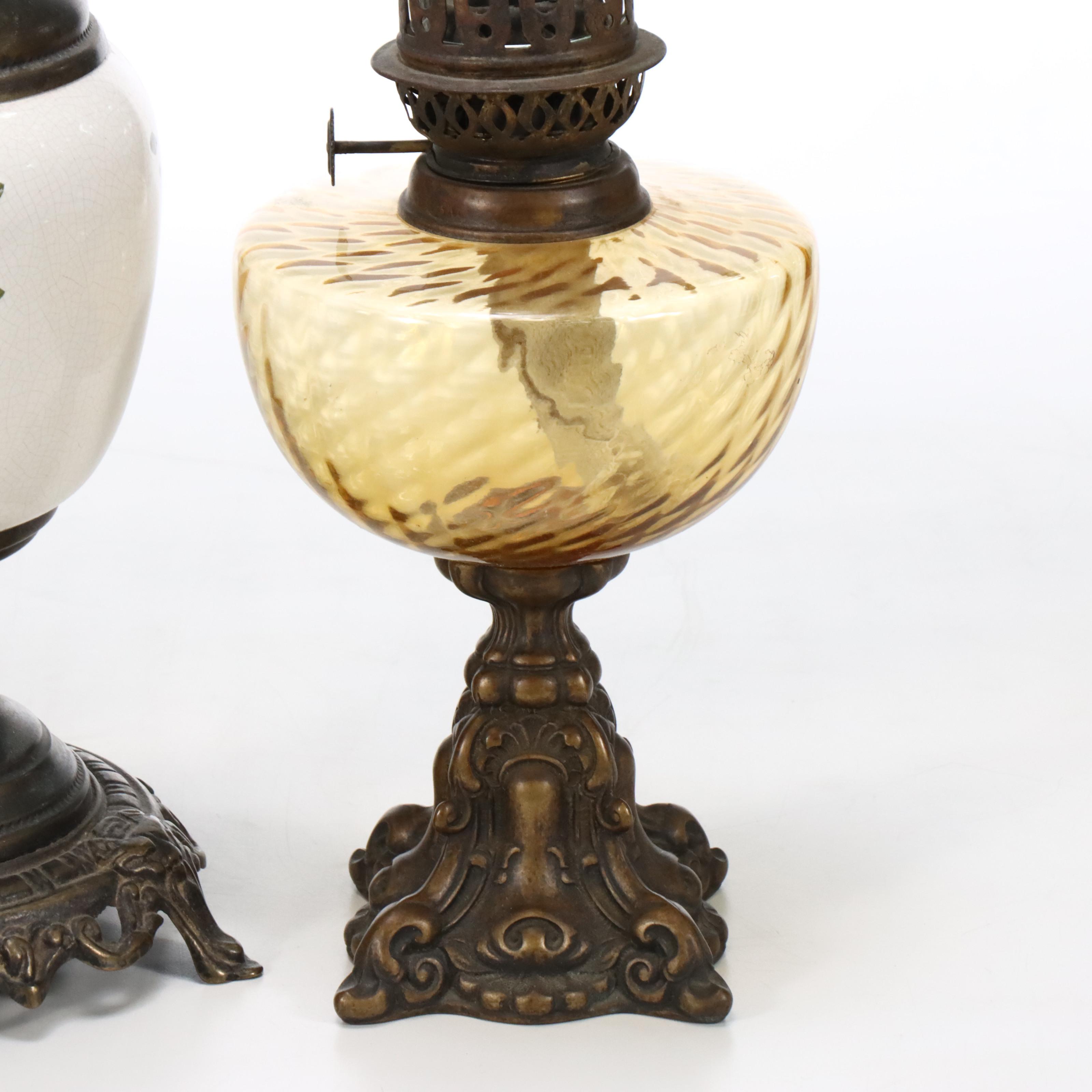 Satin Glass Parlor Lamp with Italian Amber Glass and Ceramic Oil Lamps