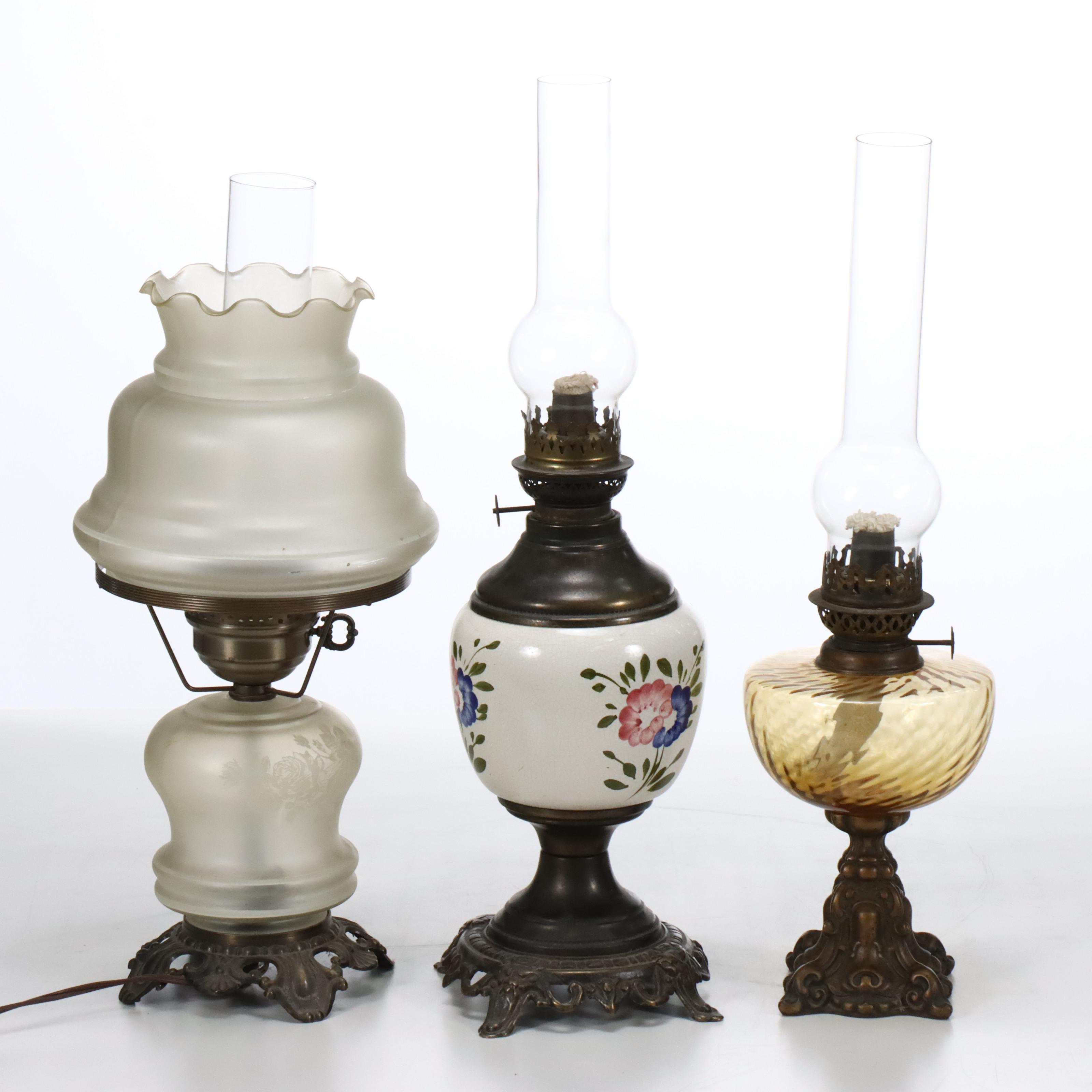Satin Glass Parlor Lamp with Italian Amber Glass and Ceramic Oil Lamps