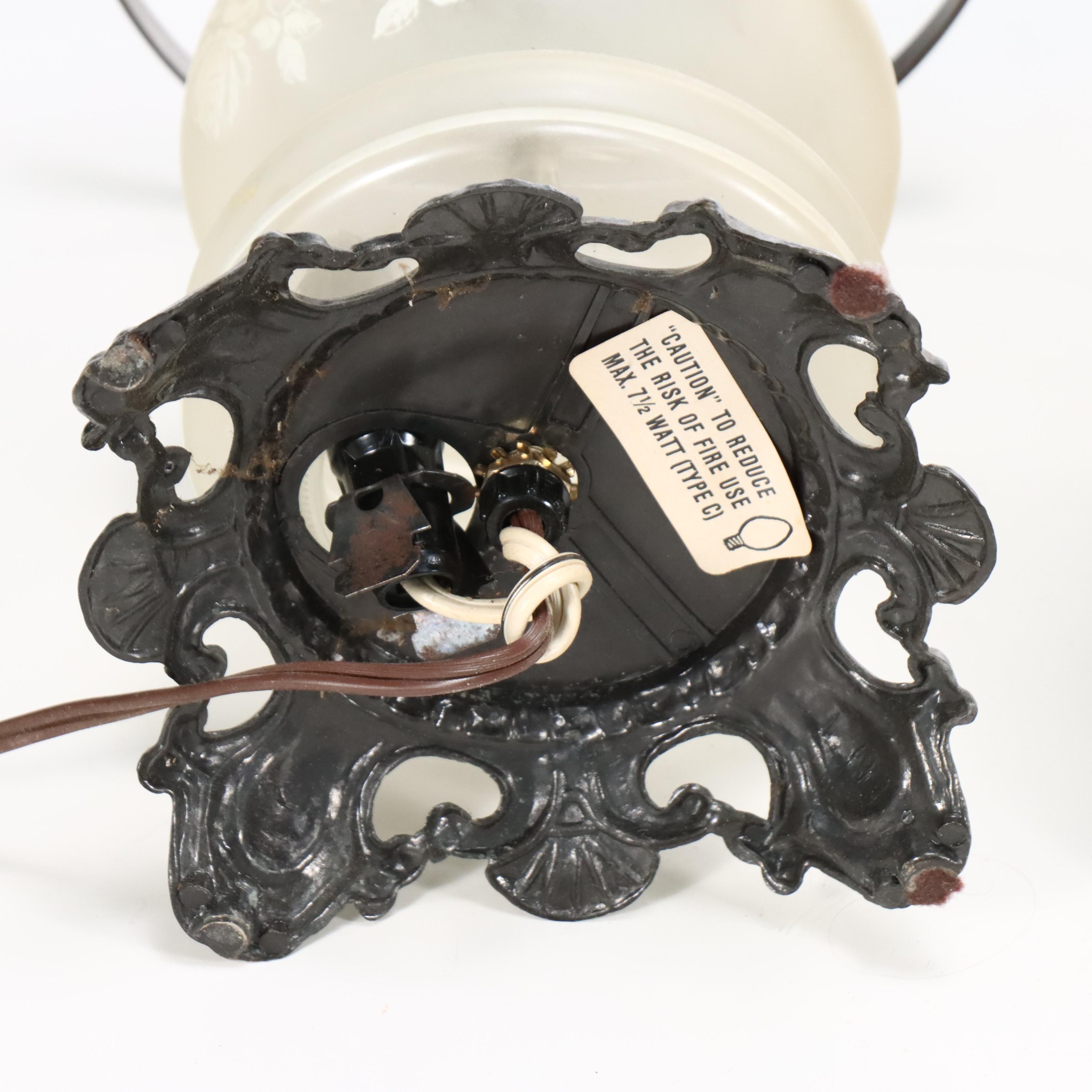 Satin Glass Parlor Lamp with Italian Amber Glass and Ceramic Oil Lamps