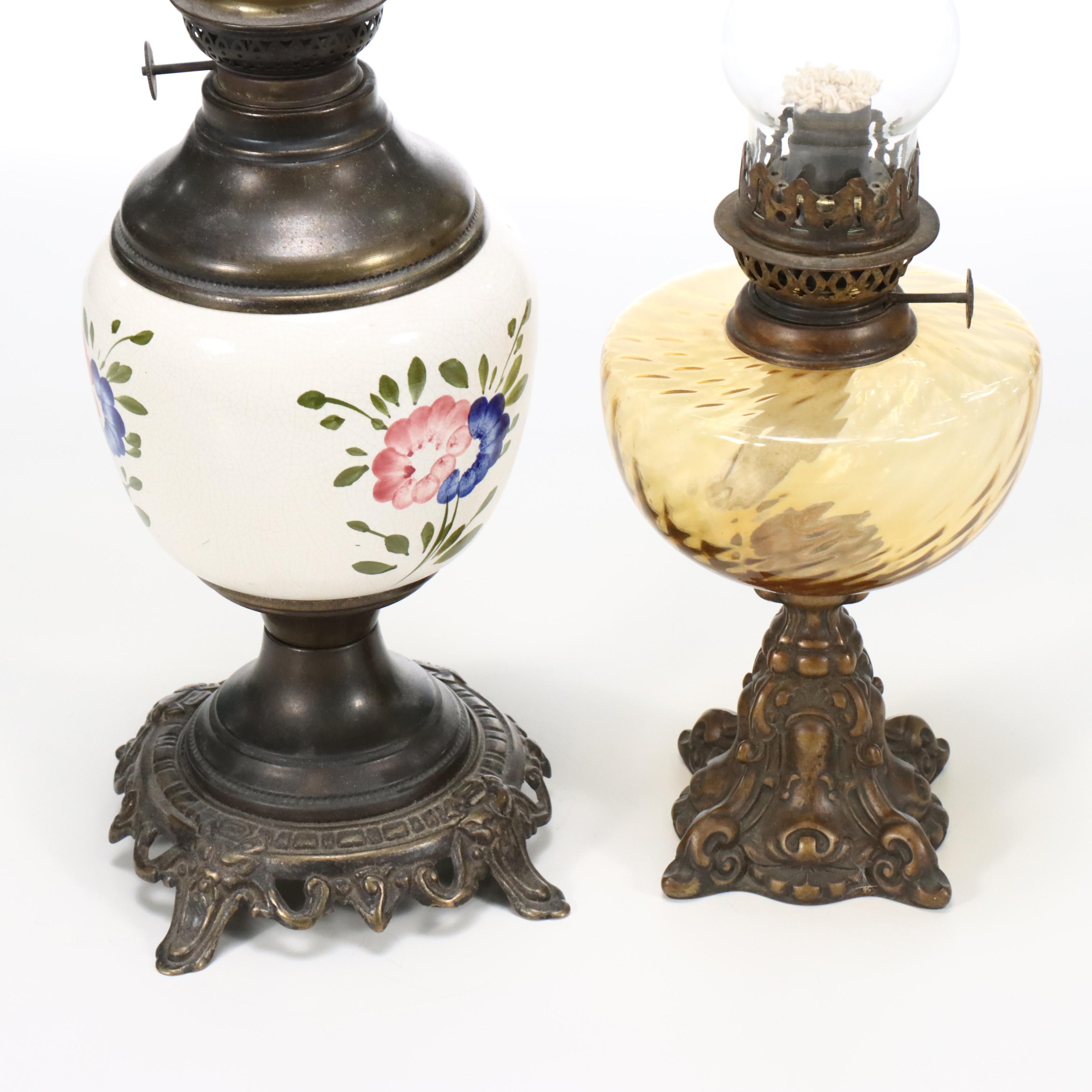 Satin Glass Parlor Lamp with Italian Amber Glass and Ceramic Oil Lamps
