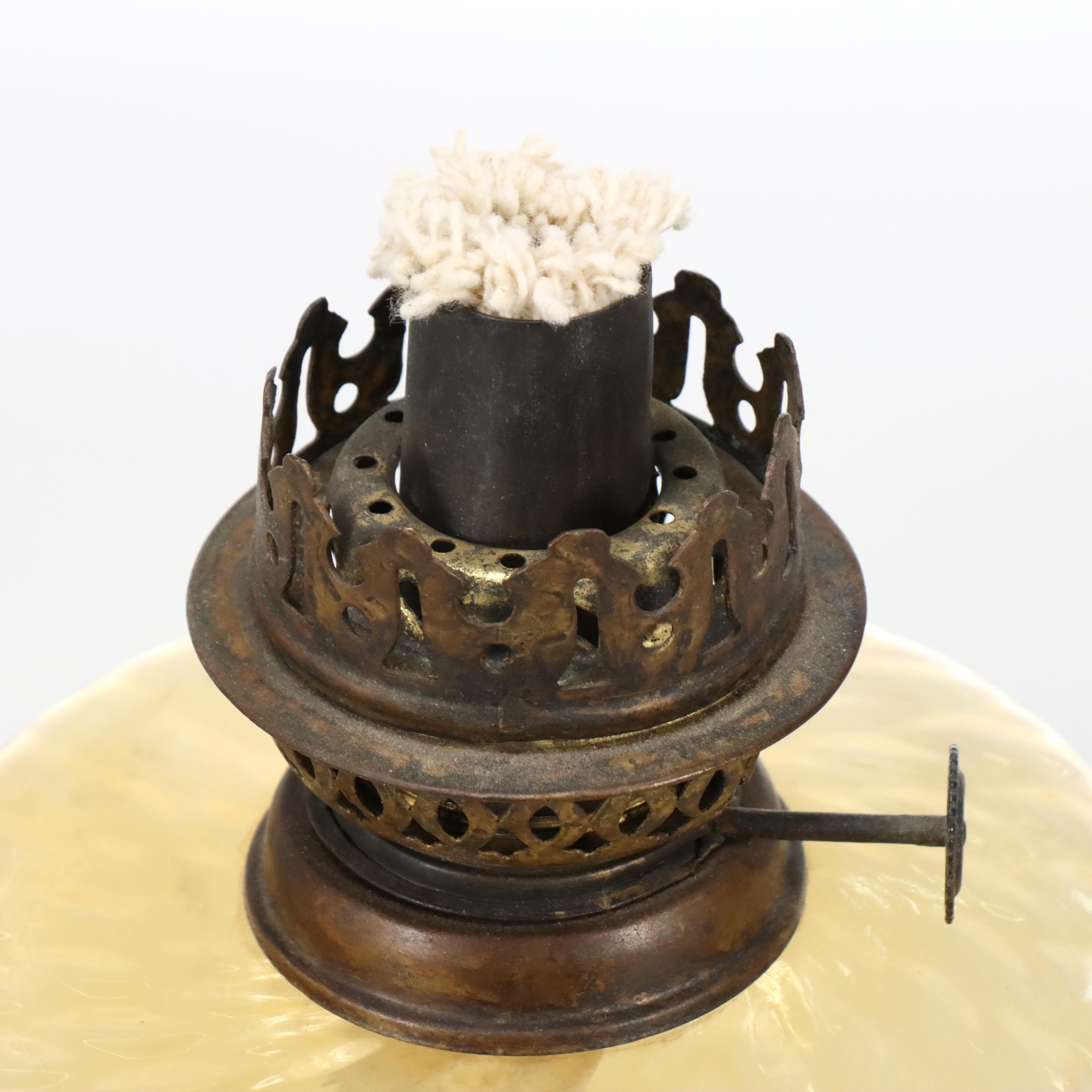 Satin Glass Parlor Lamp with Italian Amber Glass and Ceramic Oil Lamps