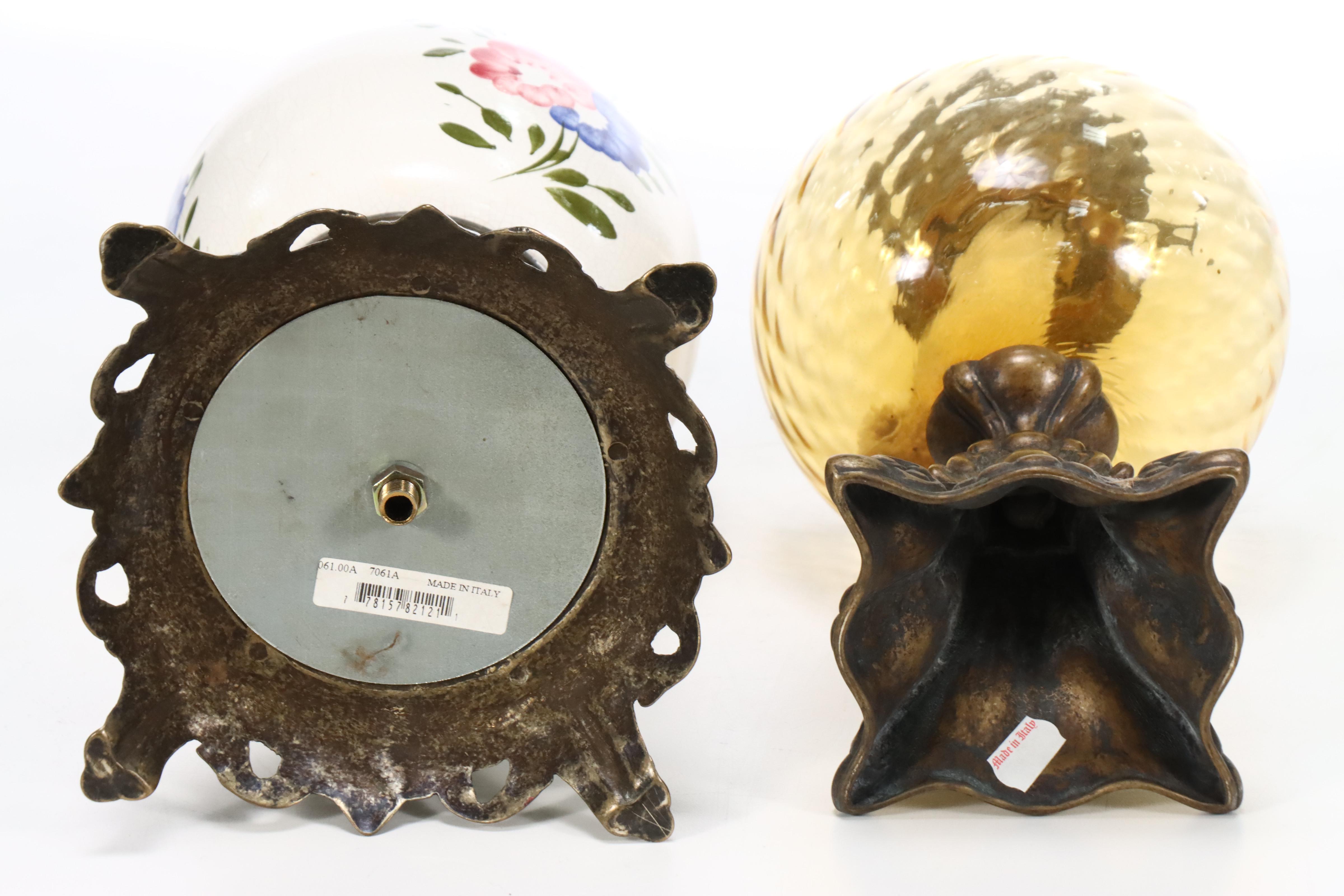 Satin Glass Parlor Lamp with Italian Amber Glass and Ceramic Oil Lamps