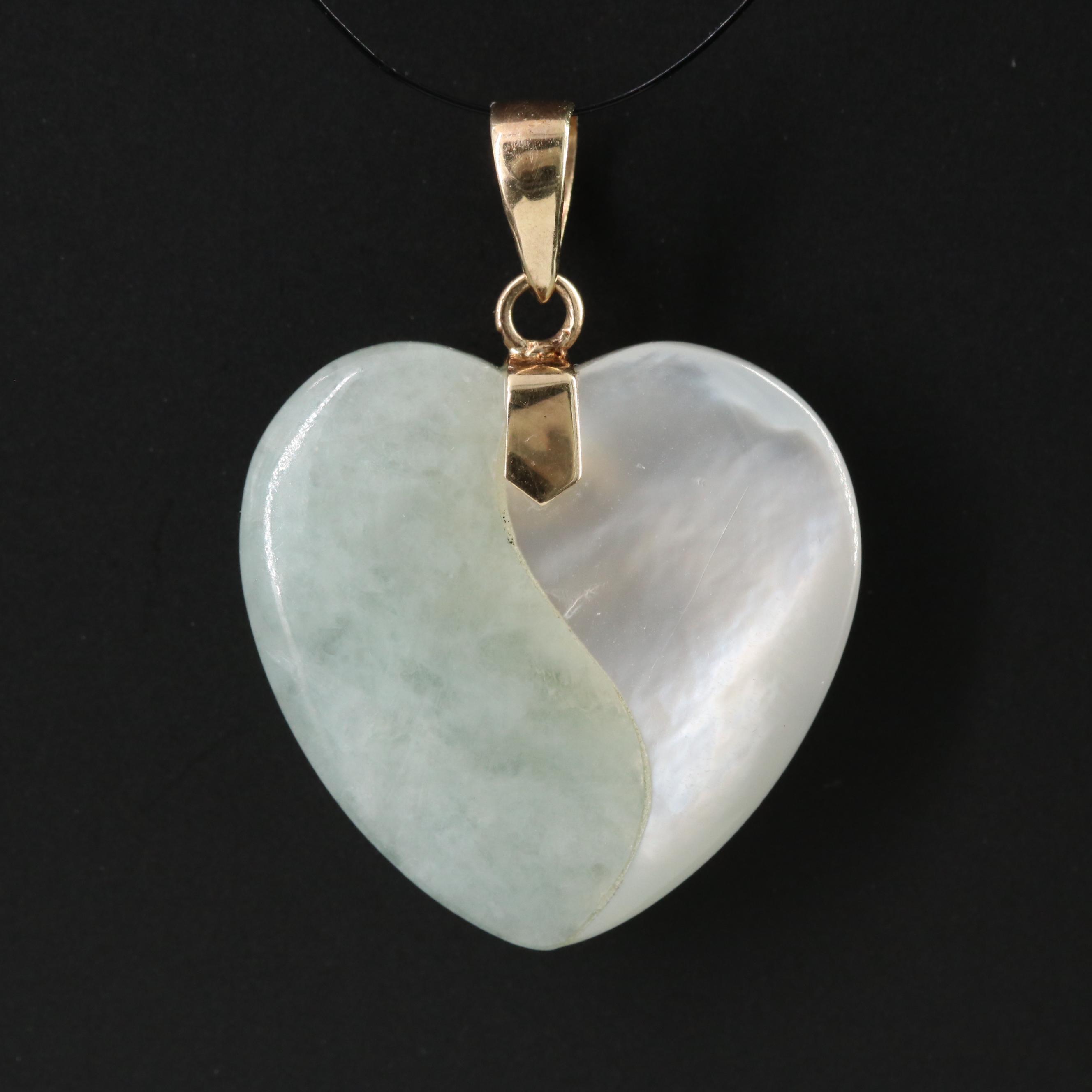 14K Mother-of-Pearl and Jadeite Heart Pendant