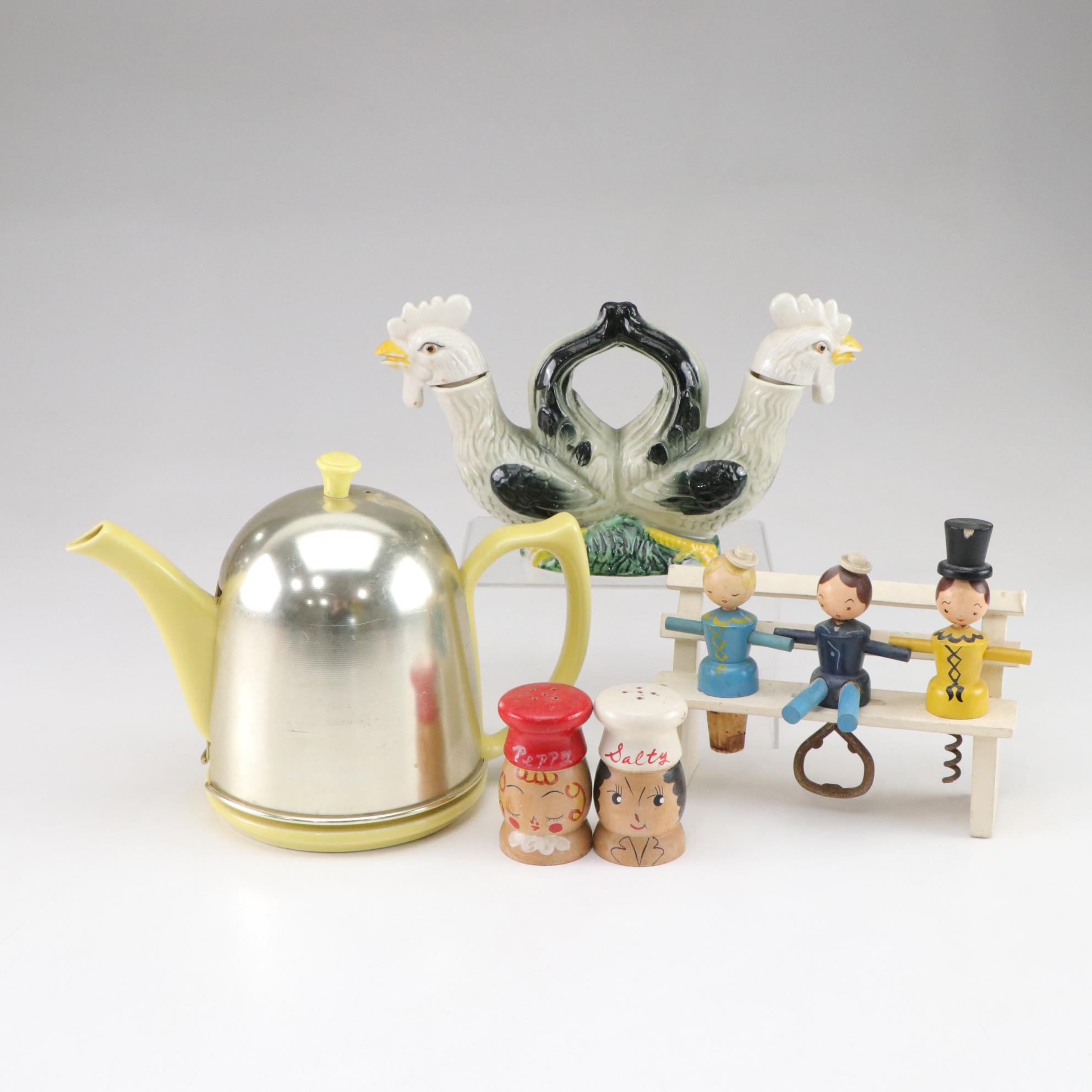 Novelty Rooster Oil & Vinegar, Hall Metal Cozy Teapot and Other Figural Kitchen