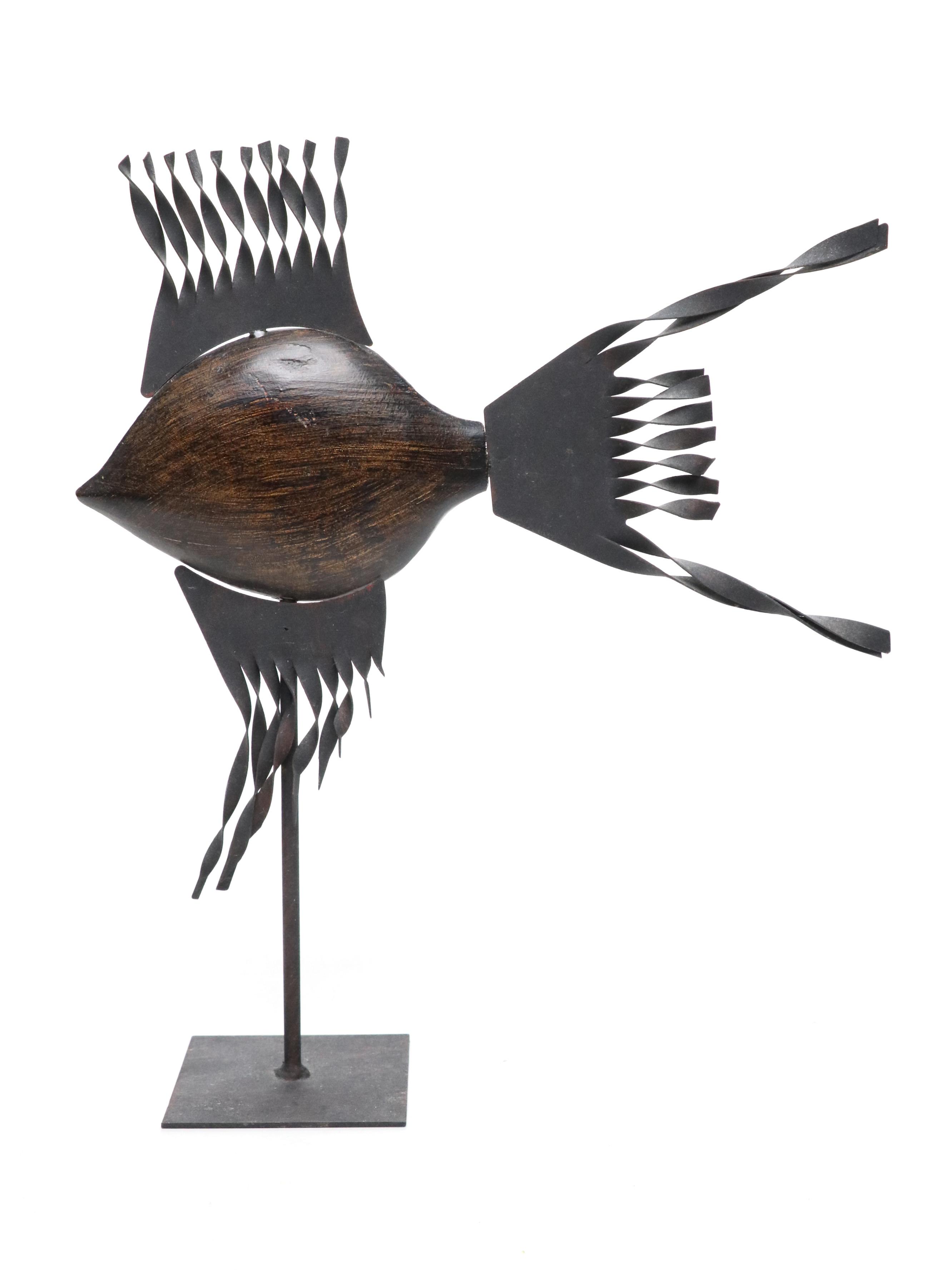 Wooden and Metal Fish Sculpture and Pair of Portuguese Ceramic Bud Vases