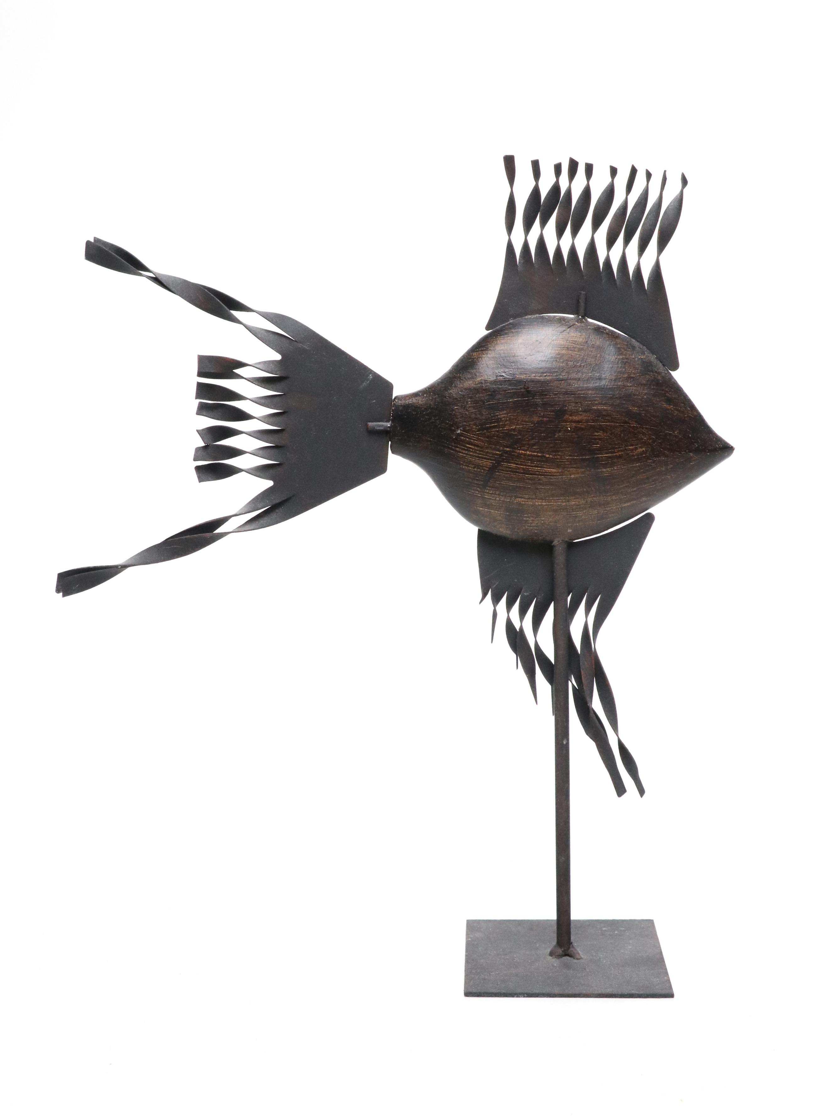 Wooden and Metal Fish Sculpture and Pair of Portuguese Ceramic Bud Vases