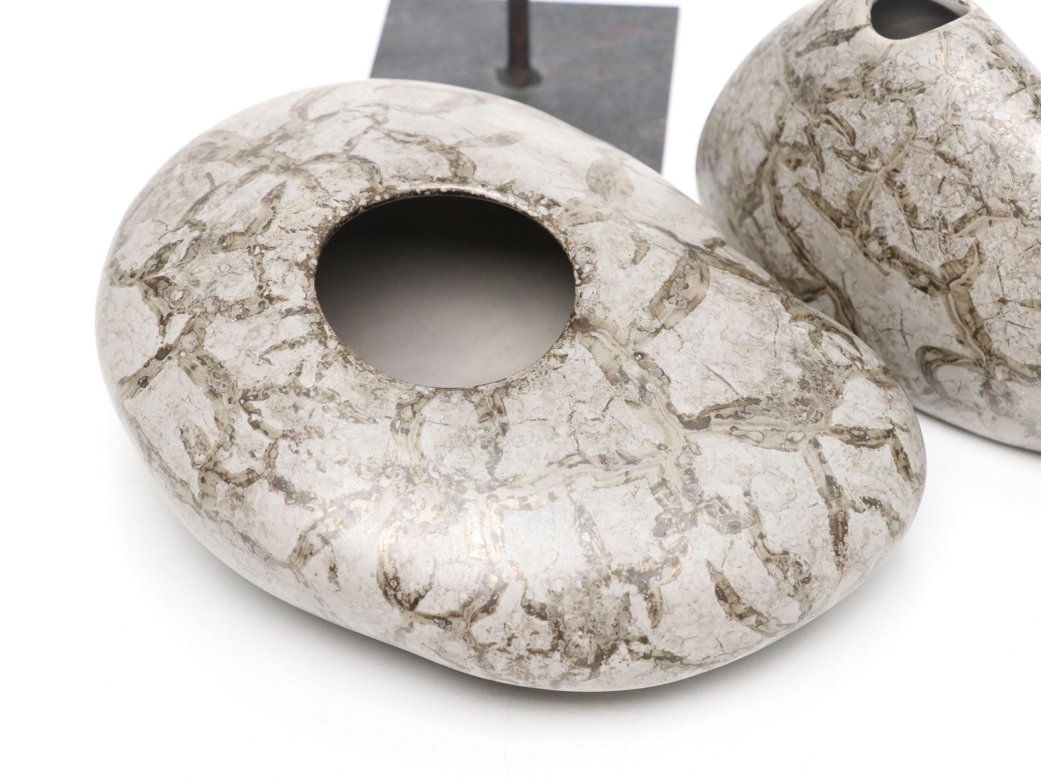 Wooden and Metal Fish Sculpture and Pair of Portuguese Ceramic Bud Vases