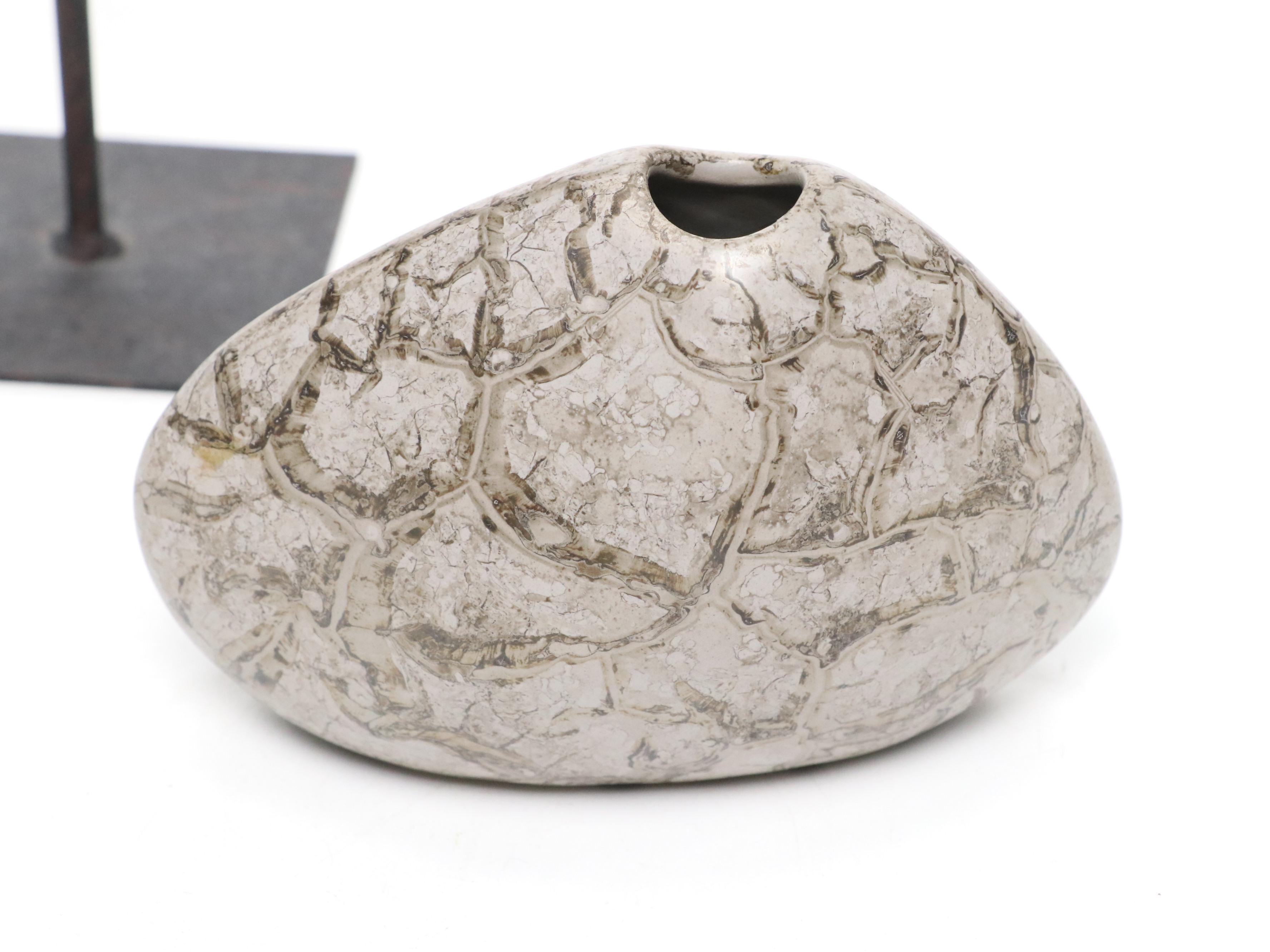 Wooden and Metal Fish Sculpture and Pair of Portuguese Ceramic Bud Vases