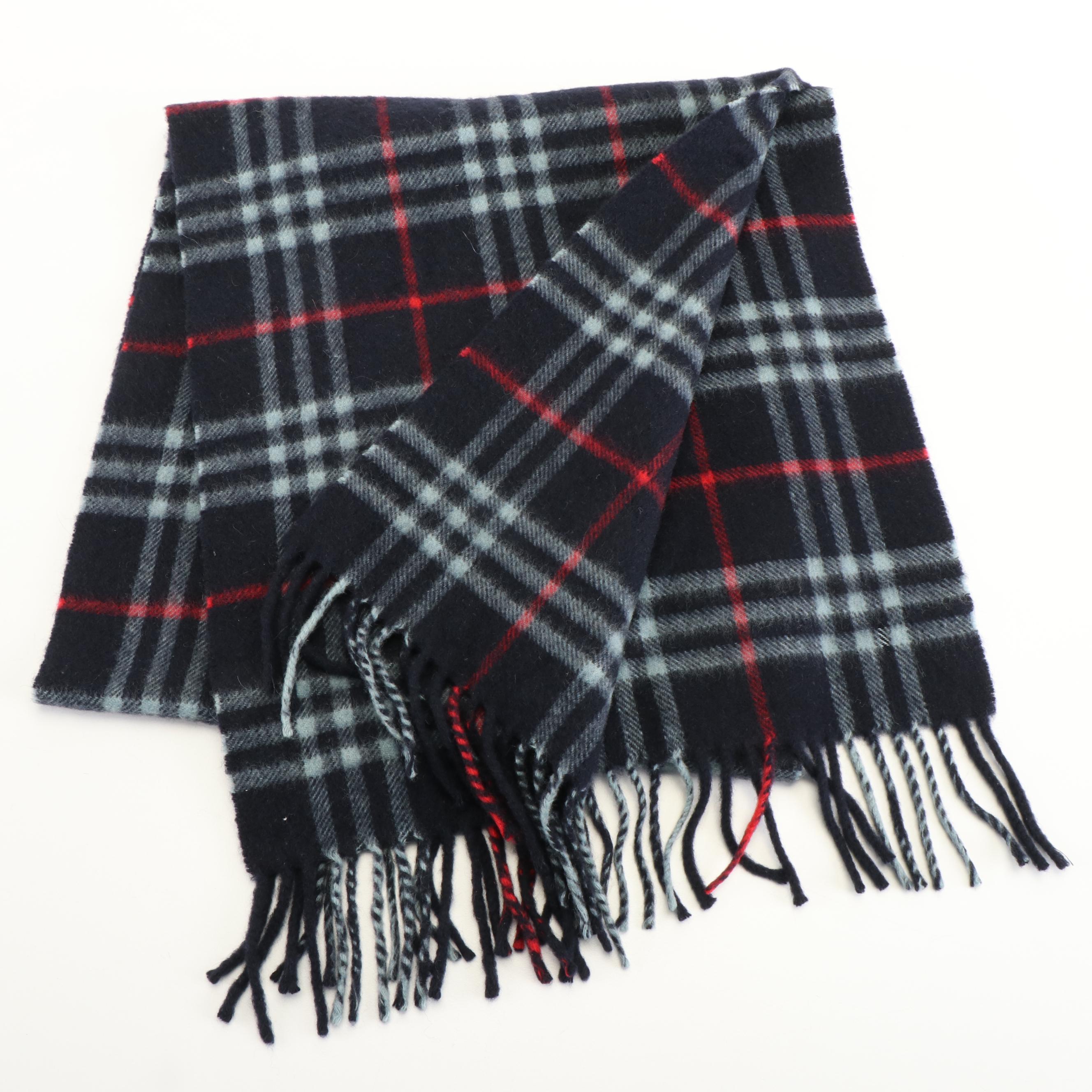 Burberrys of London Fringed Navy House Check Scarf in Cashmere