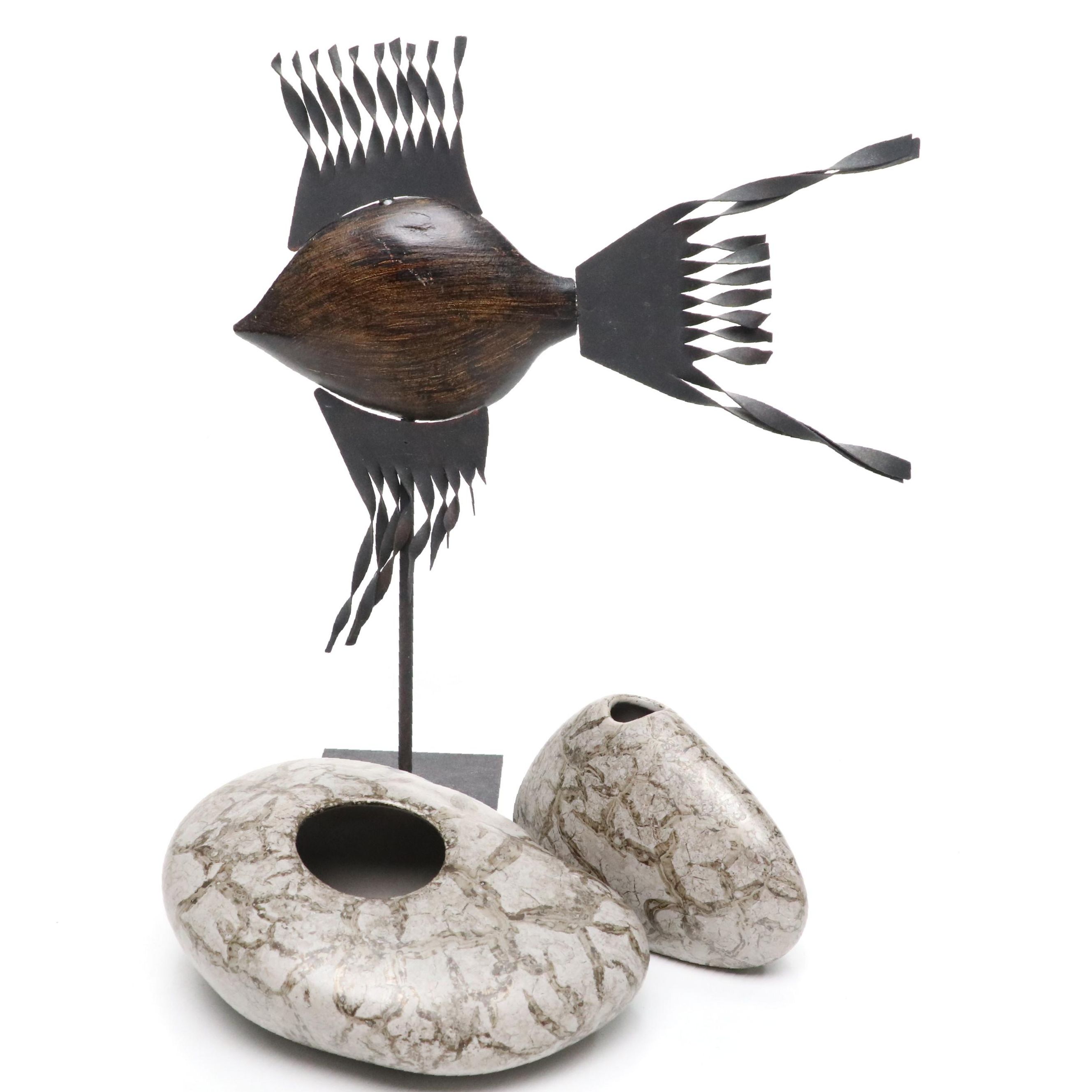 Wooden and Metal Fish Sculpture and Pair of Portuguese Ceramic Bud Vases