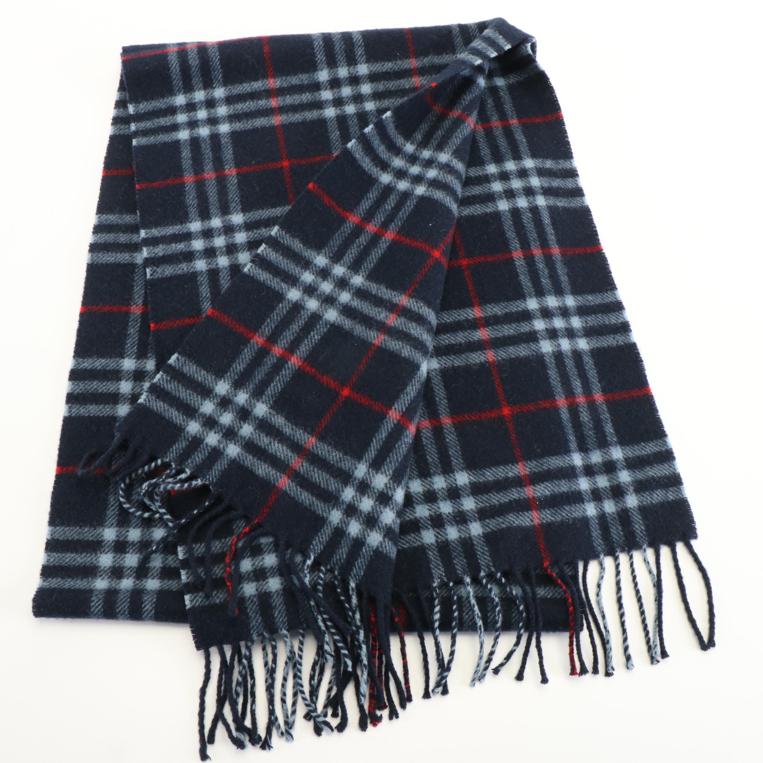 Burberrys of London Fringed Navy House Check Lambswool Scarf