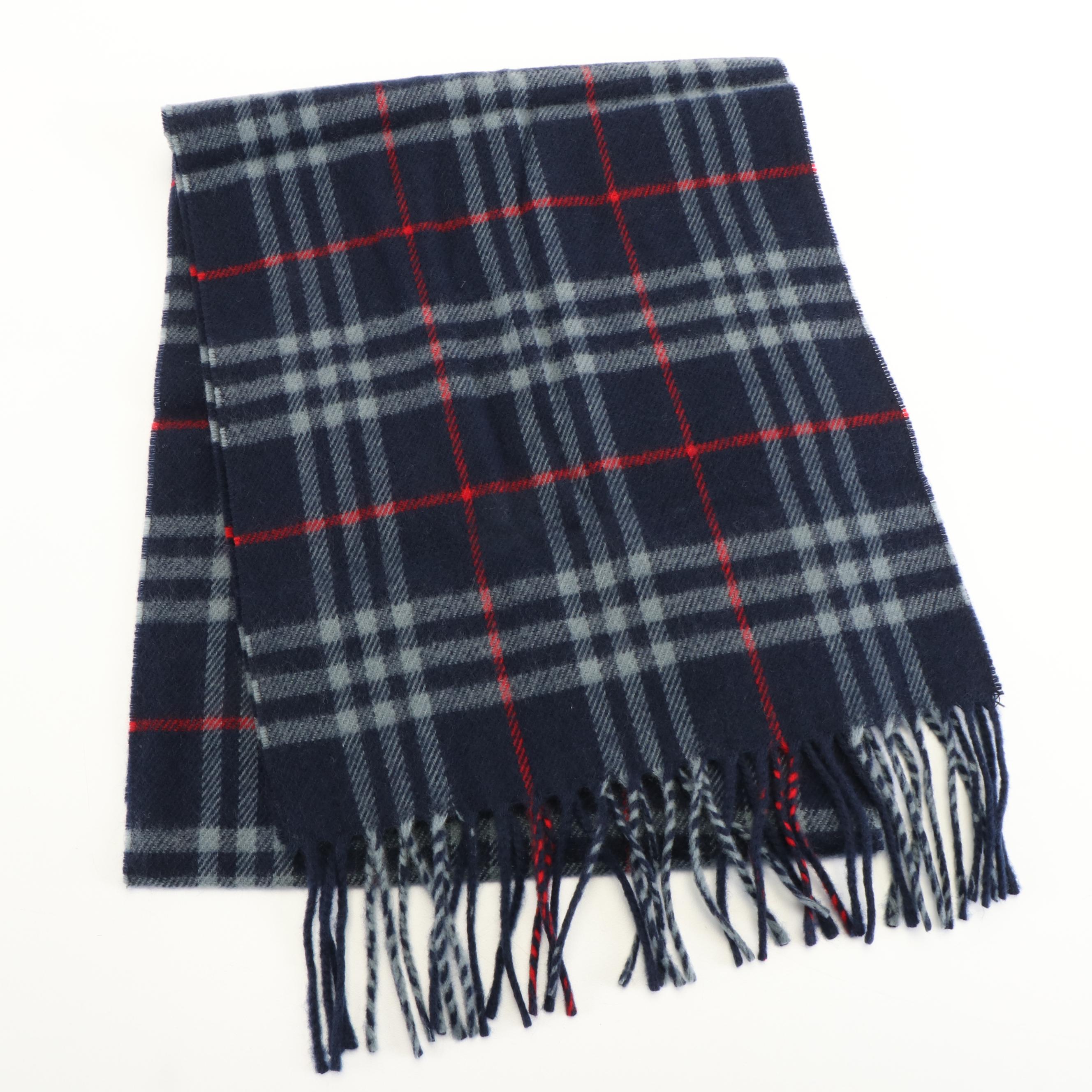 Burberrys of London Fringed Navy House Check Lambswool Scarf