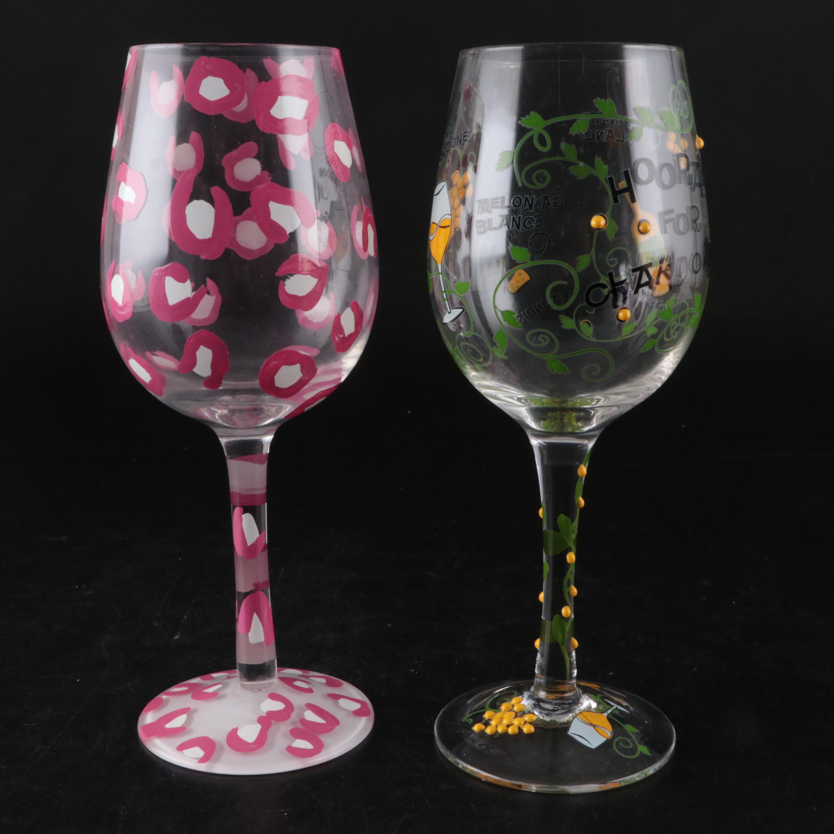 Lolita "Pink Cheetah Girl" and Other Painted Wine Glasses with Wine Charm
