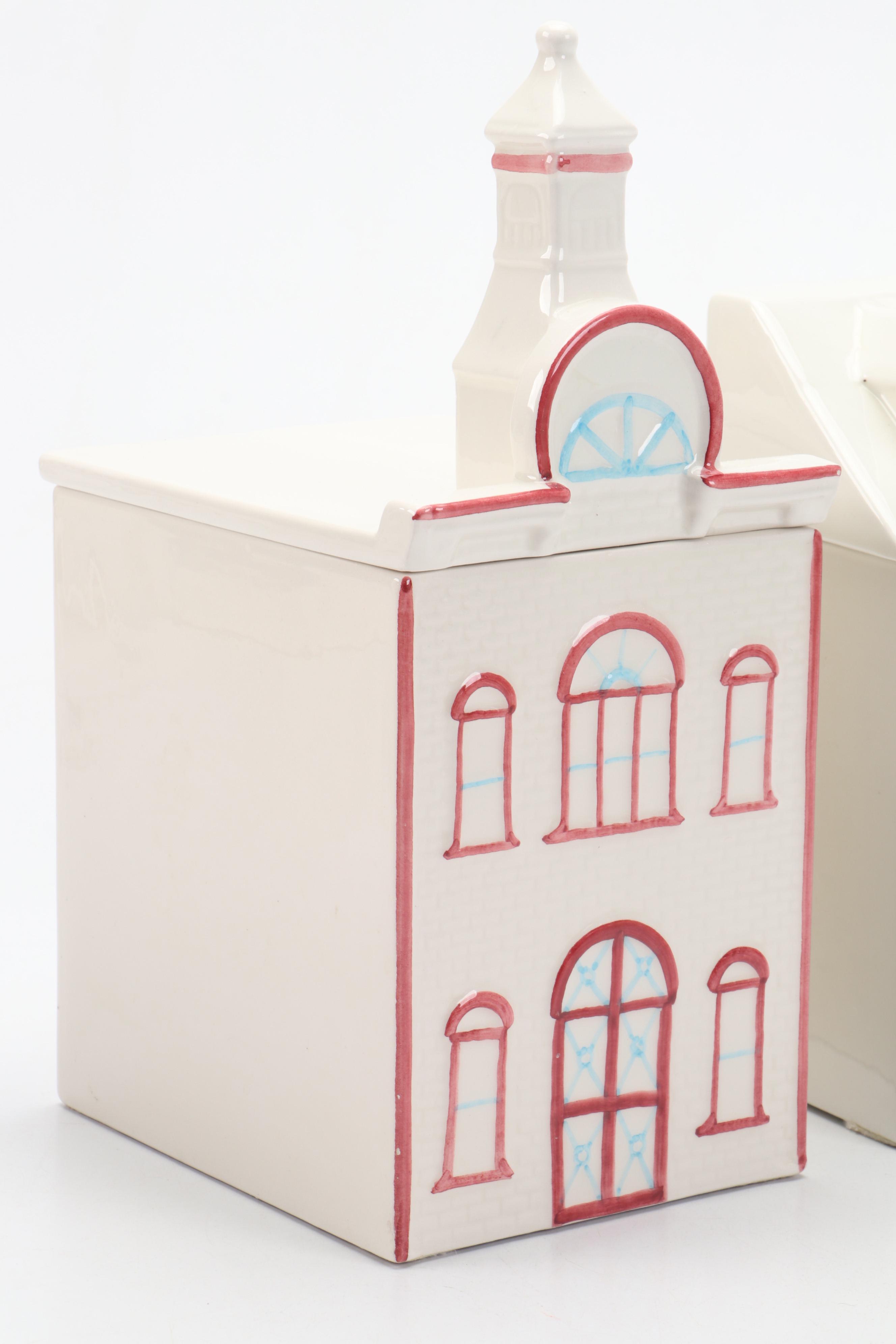 Three Hand-Painted Italian Ceramic House-Shaped Jars