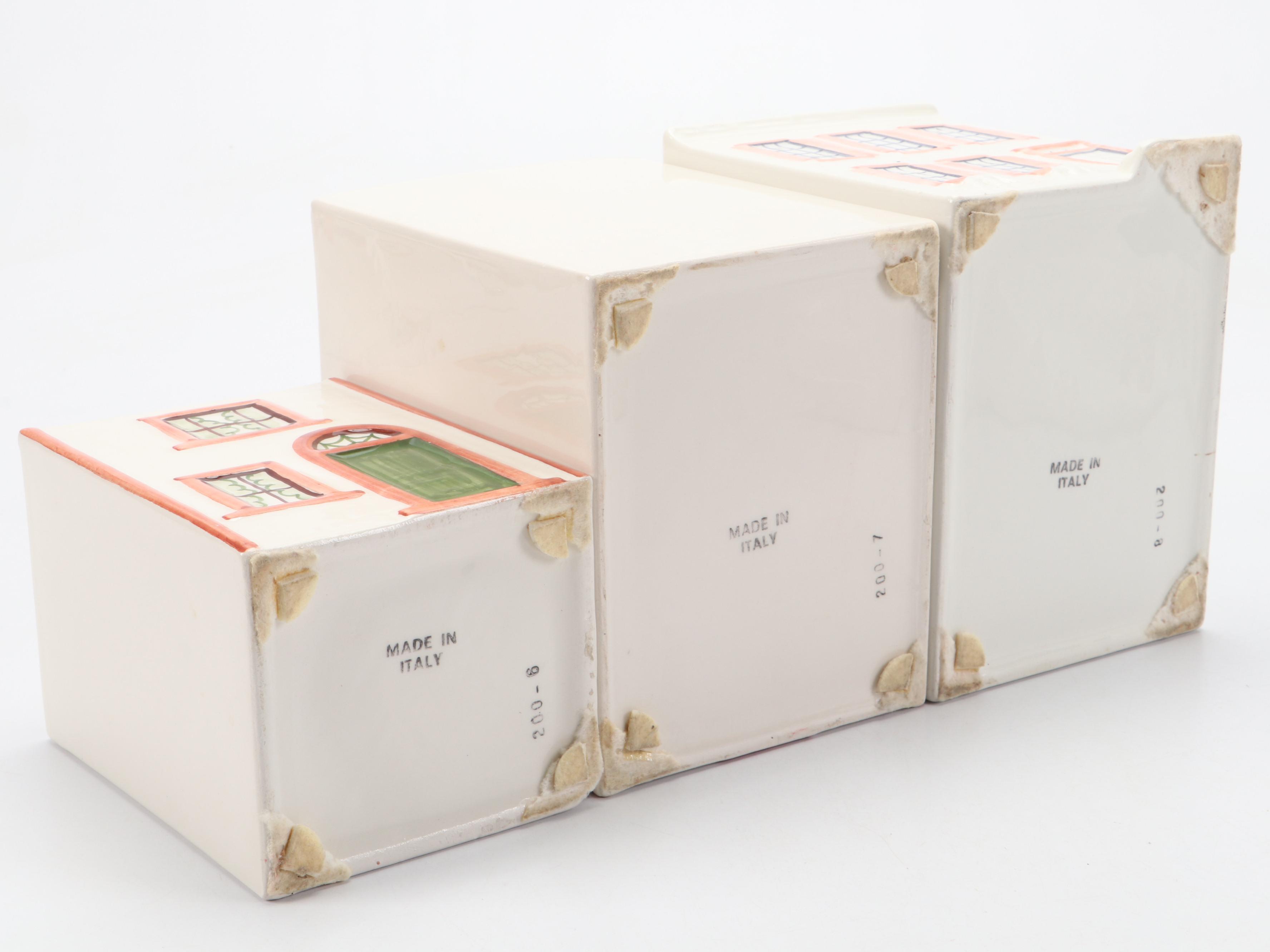 Three Hand-Painted Italian Ceramic House-Shaped Jars