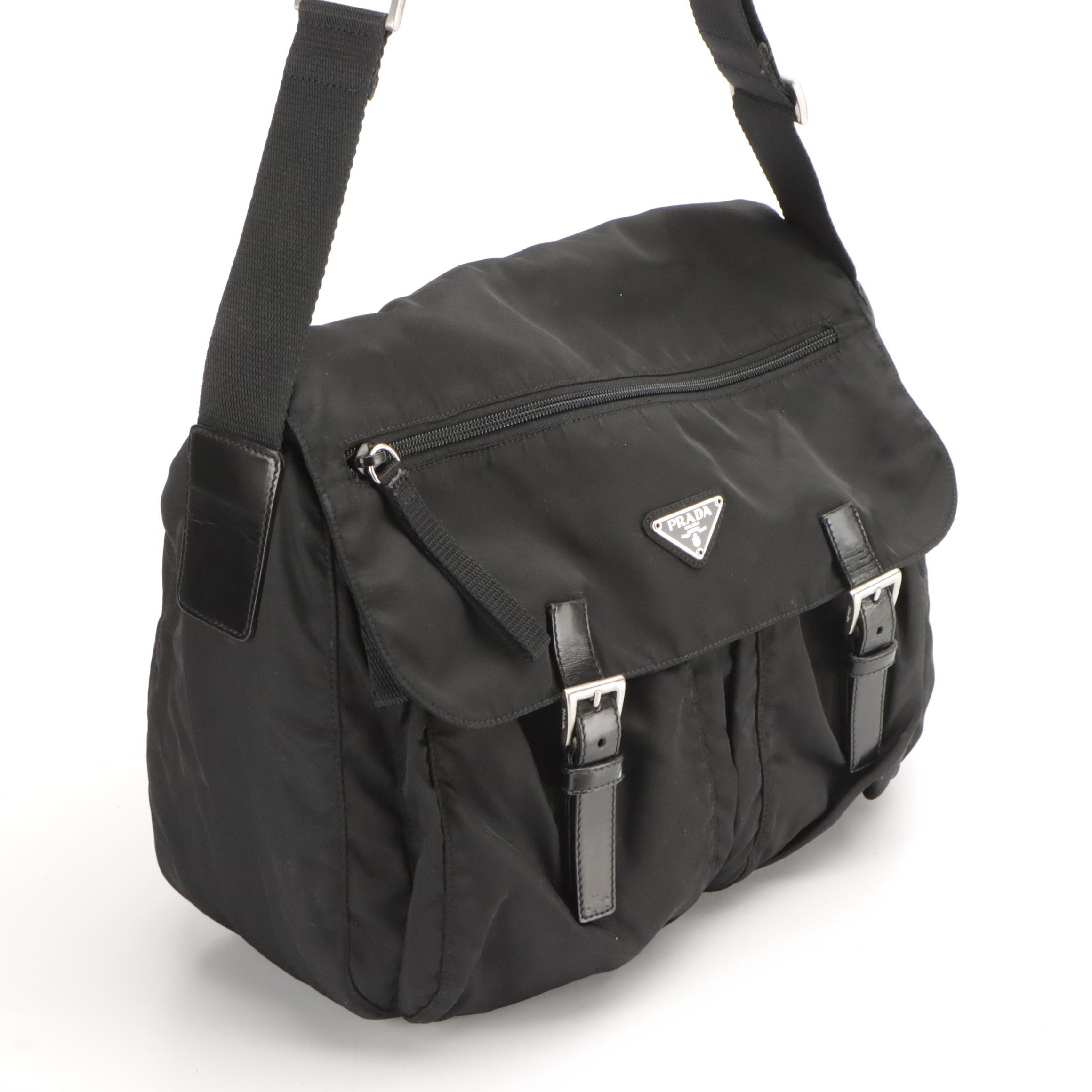 Prada Black Tessuto Nylon and Glazed Leather Messenger Bag