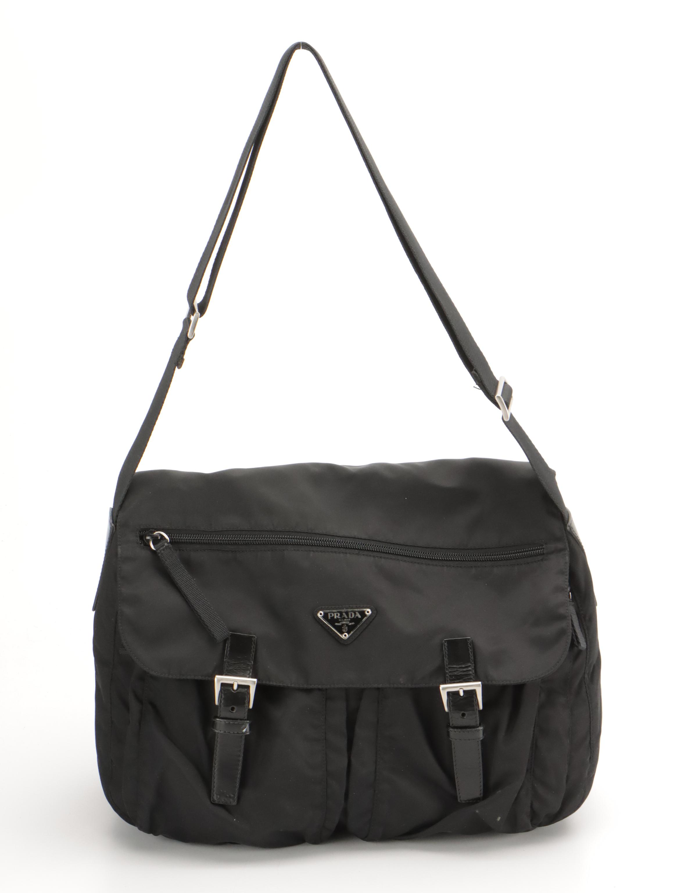 Prada Black Tessuto Nylon and Glazed Leather Messenger Bag