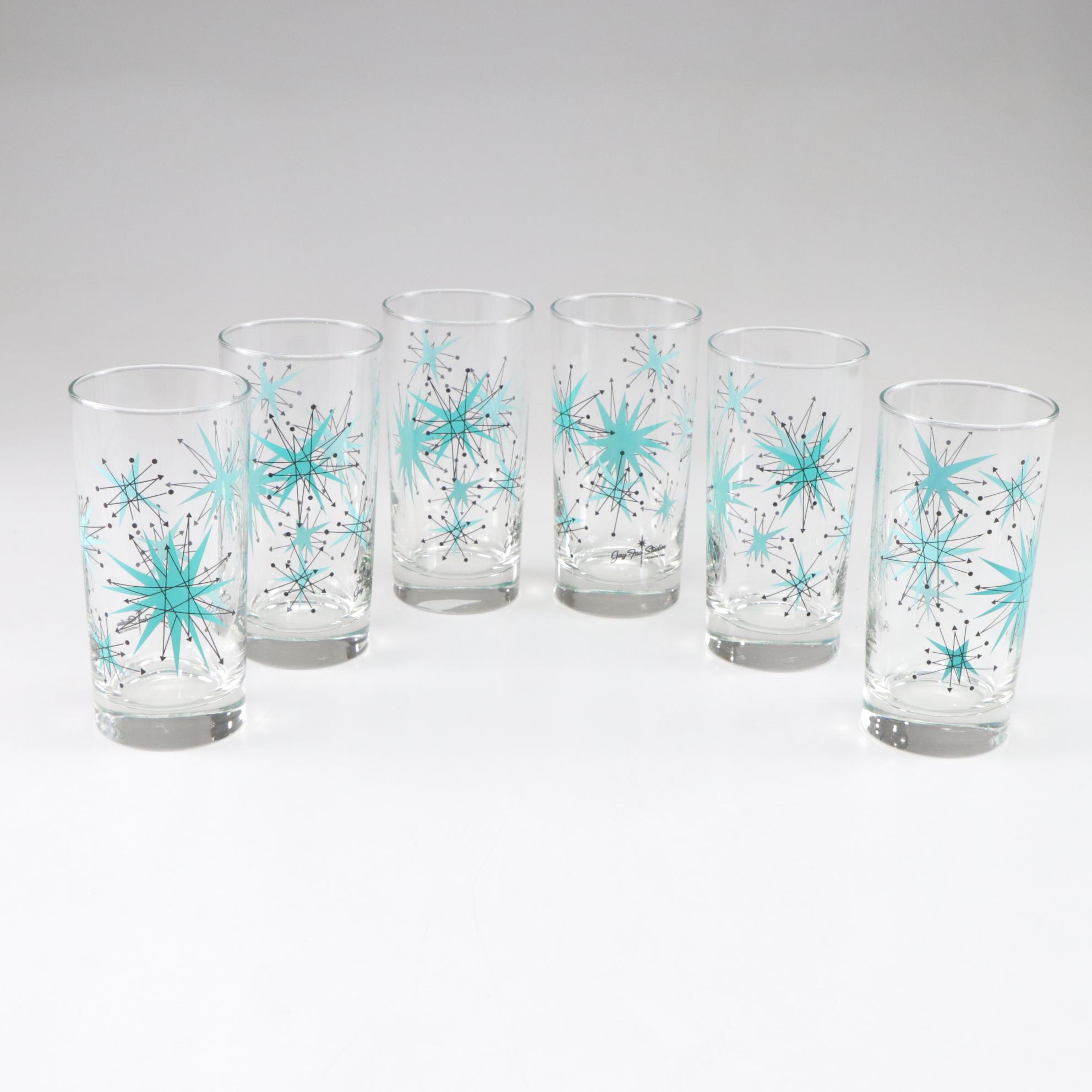 Gay Fad Studios "Aqua Starburst" Tom Collins Glasses, Set of Six