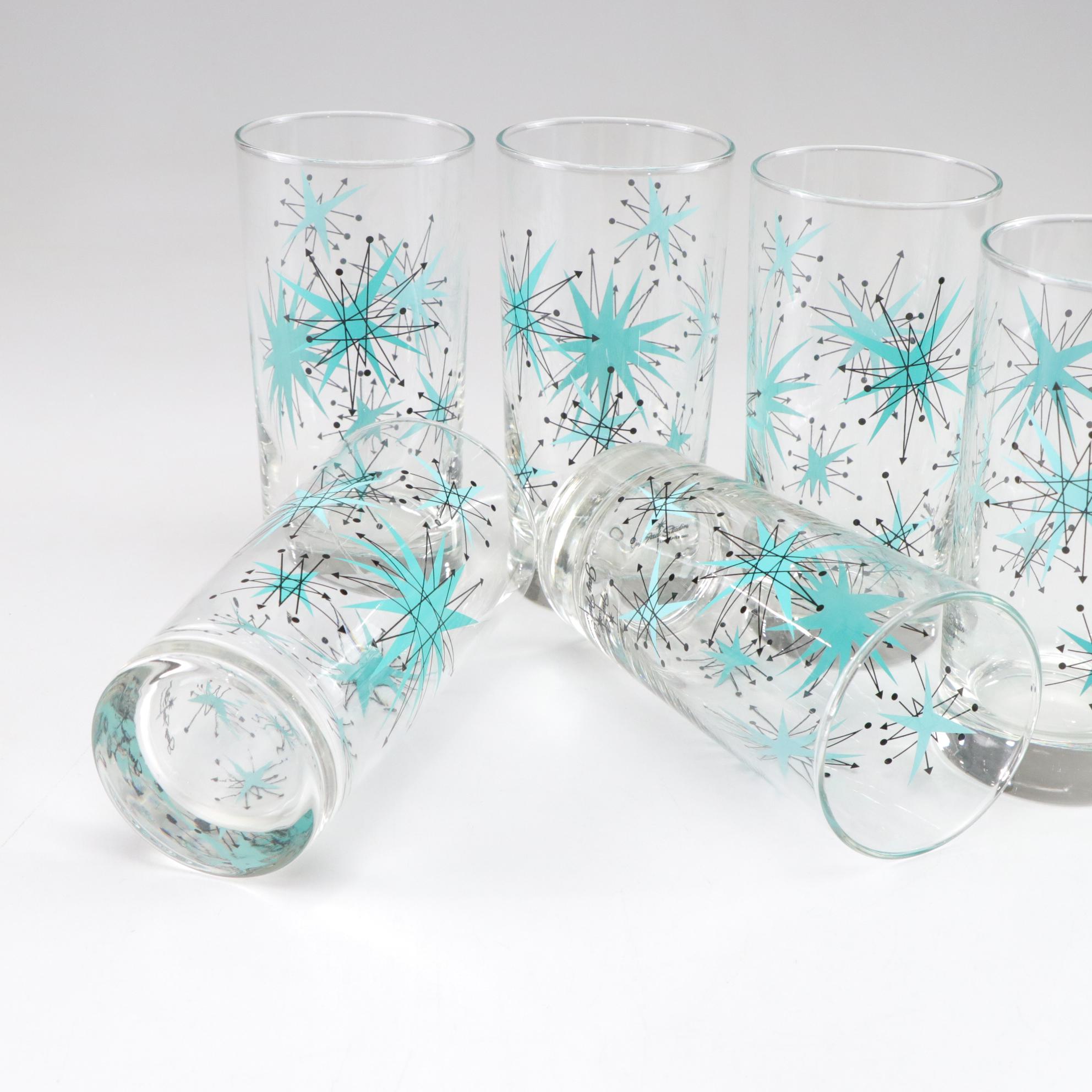 Gay Fad Studios "Aqua Starburst" Tom Collins Glasses, Set of Six