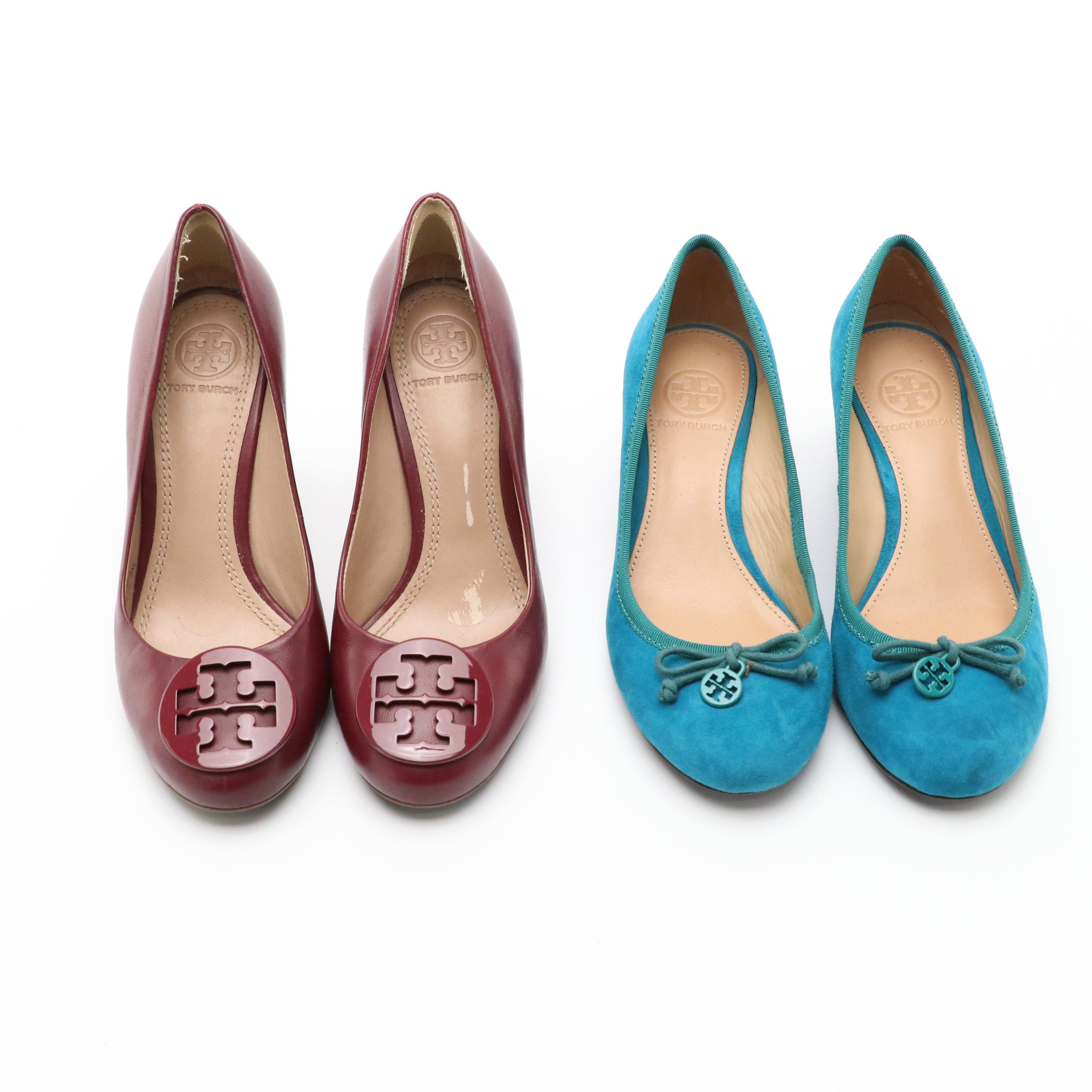 Tory Burch Suede Chelsea Wedges and Leather Logo Medallion Pumps