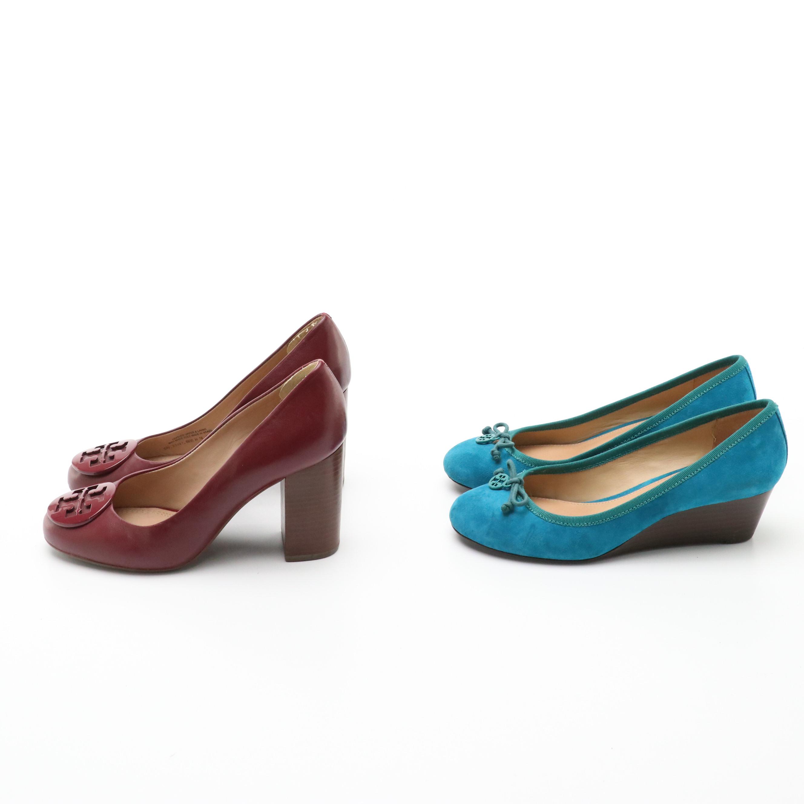 Tory Burch Suede Chelsea Wedges and Leather Logo Medallion Pumps